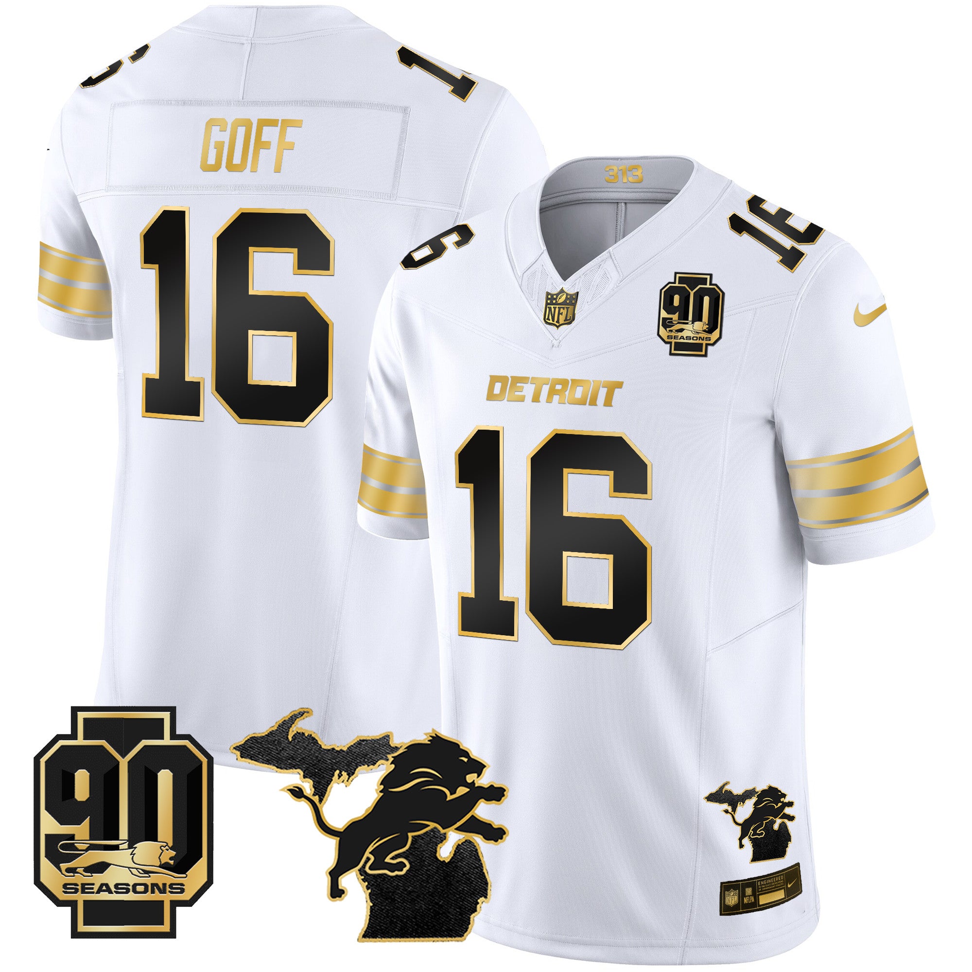 Men's Detroit Lions 2025 Michigan & 90th Season Patch Gold Vapor Limited Jersey - All Stitched