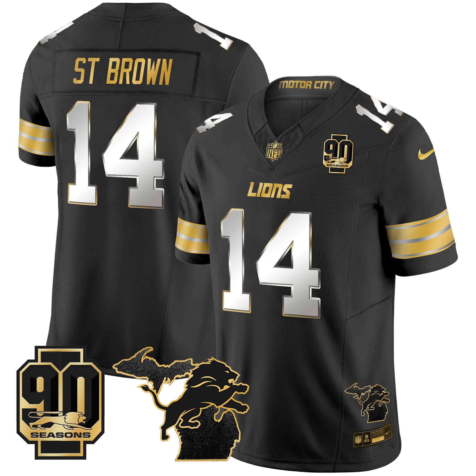 Men's Detroit Lions 2025 Michigan & 90th Season Patch Gold Vapor Limited Jersey - All Stitched