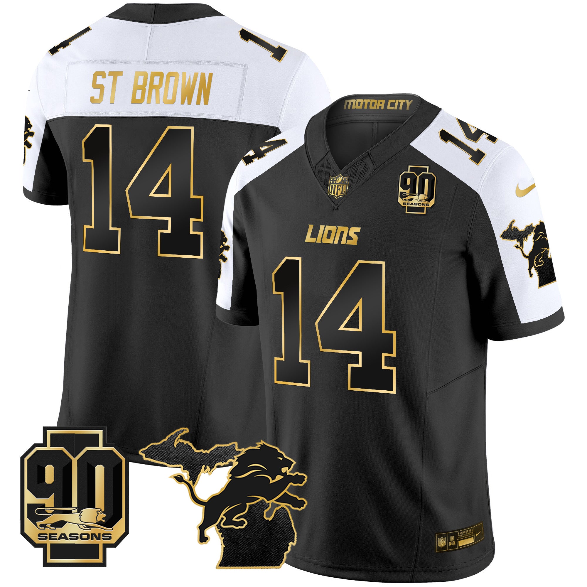 Men's Detroit Lions 2025 Michigan & 90th Season Patch Gold Vapor Limited Jersey - All Stitched