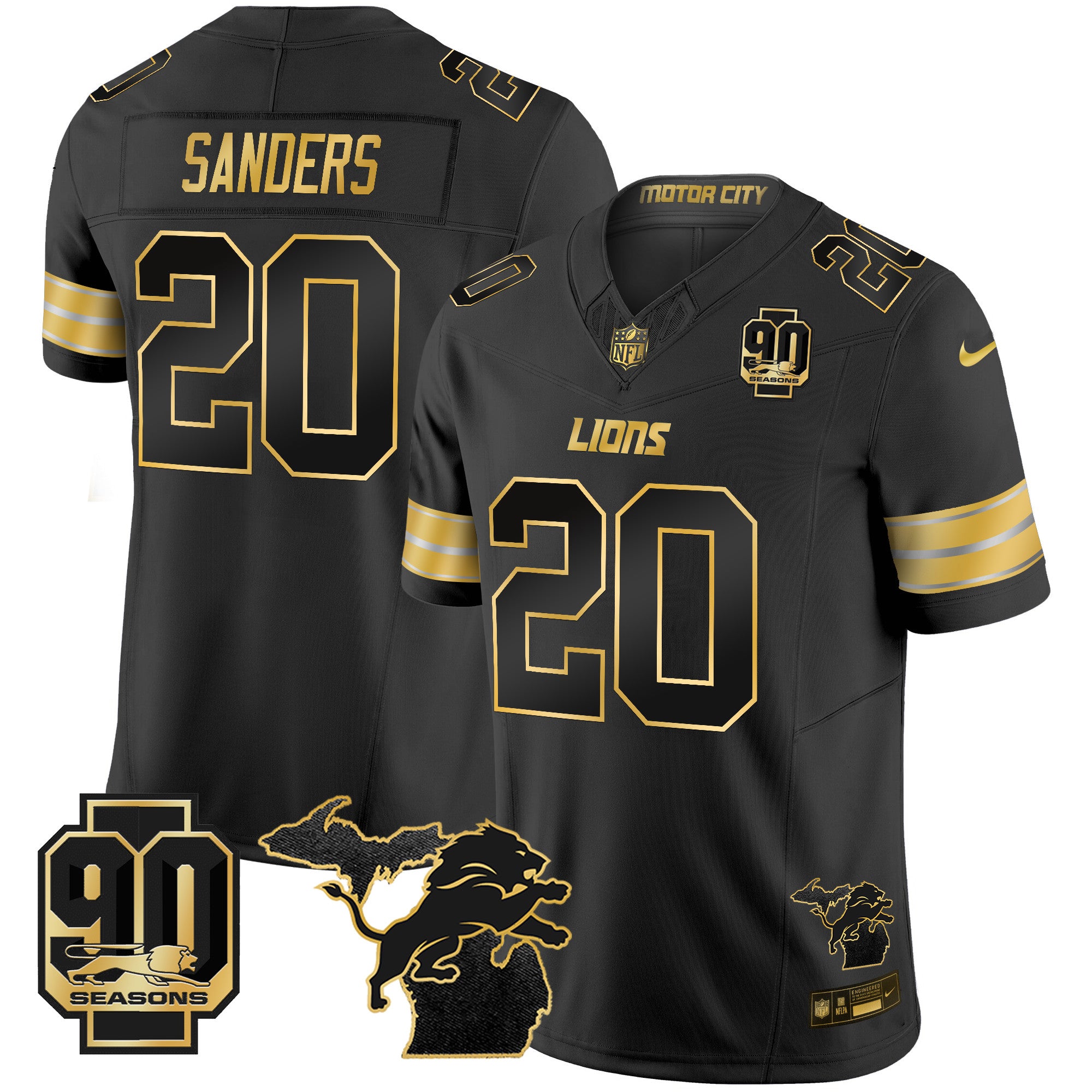 Men's Detroit Lions 2025 Michigan & 90th Season Patch Gold Vapor Limited Jersey - All Stitched