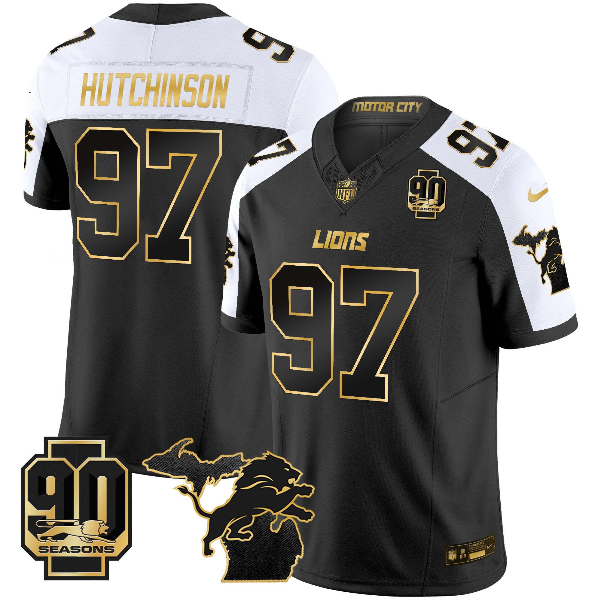 Men's Detroit Lions 2025 Michigan & 90th Season Patch Gold Vapor Limited Jersey - All Stitched