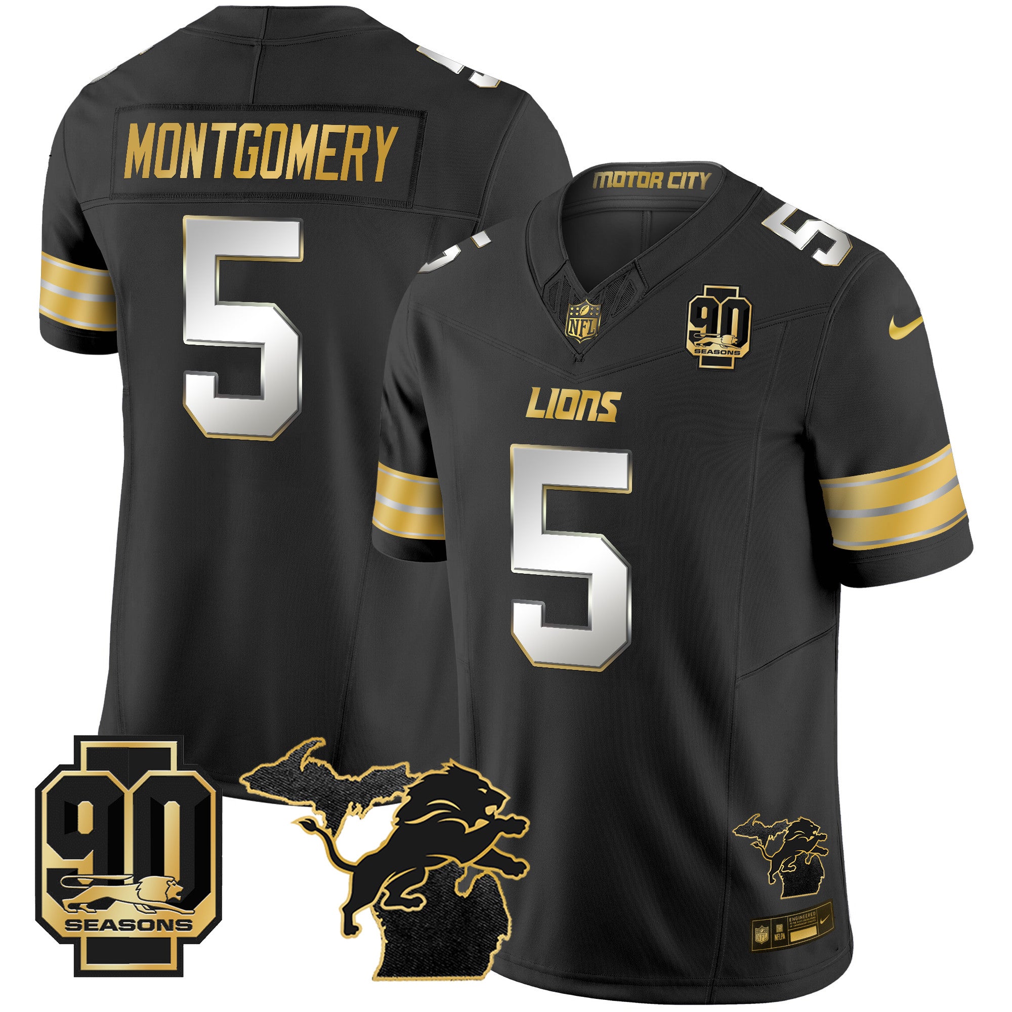 Men's Detroit Lions 2025 Michigan & 90th Season Patch Gold Vapor Limited Jersey - All Stitched