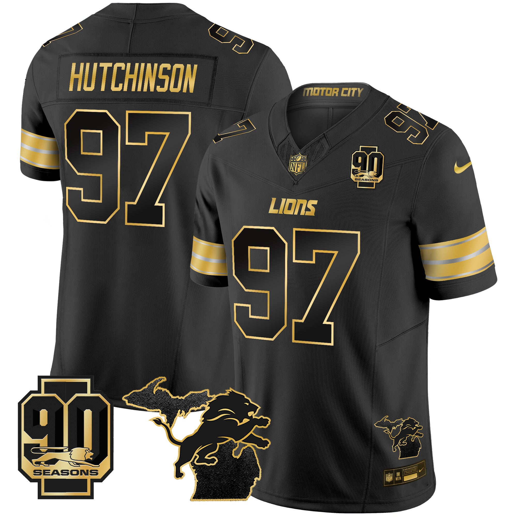 Men's Detroit Lions 2025 Michigan & 90th Season Patch Gold Vapor Limited Jersey - All Stitched