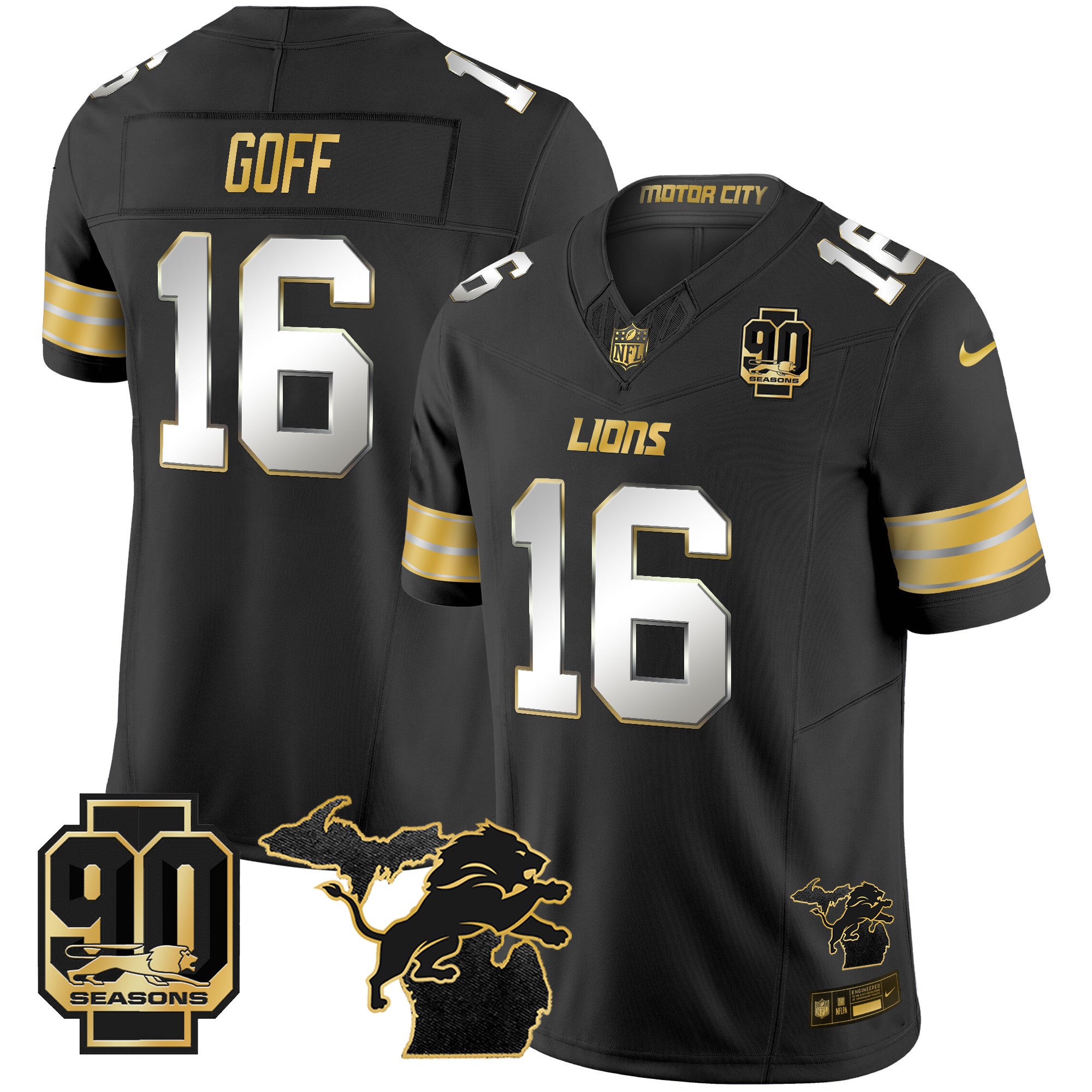 Men's Detroit Lions 2025 Michigan & 90th Season Patch Gold Vapor Limited Jersey - All Stitched