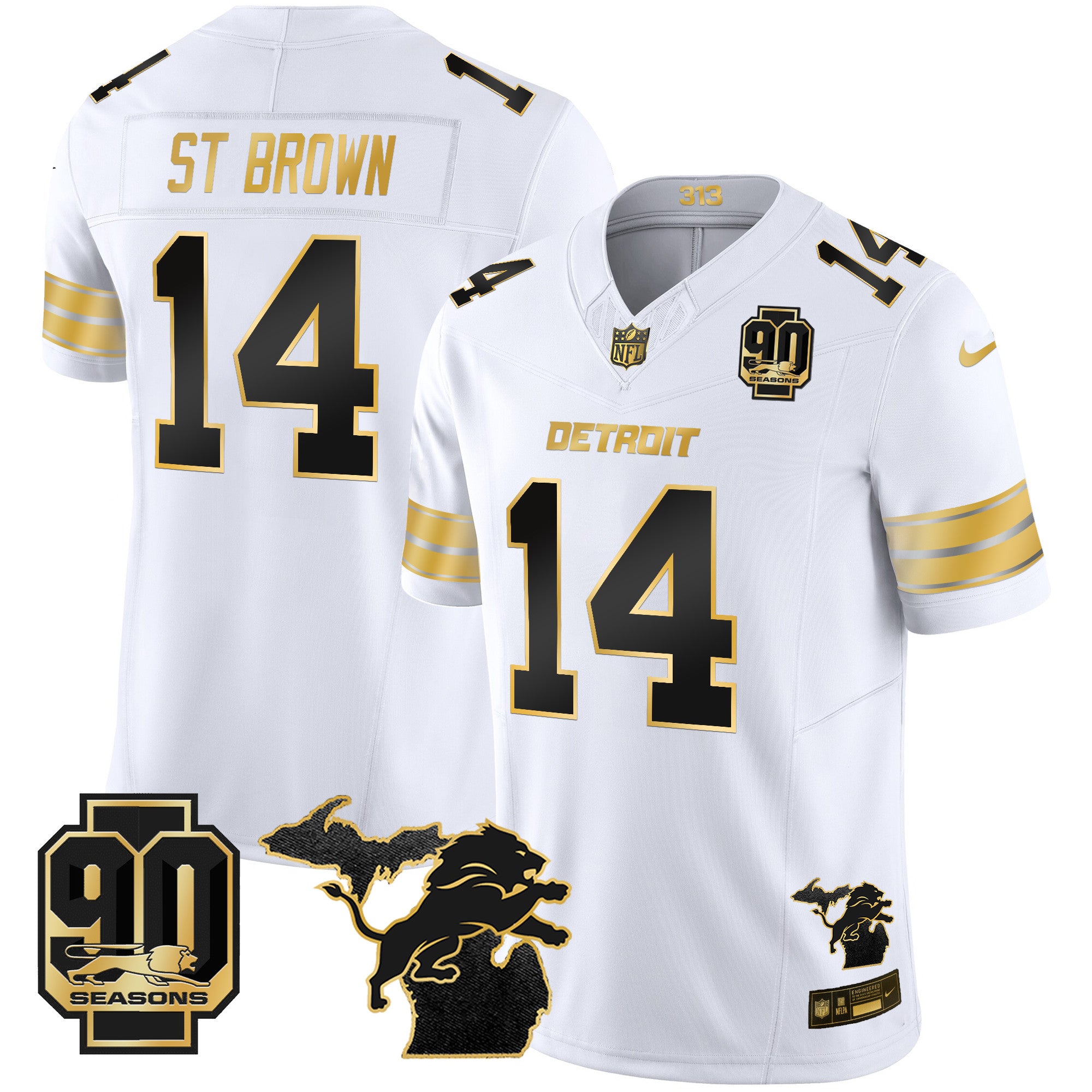 Men's Detroit Lions 2025 Michigan & 90th Season Patch Gold Vapor Limited Jersey - All Stitched