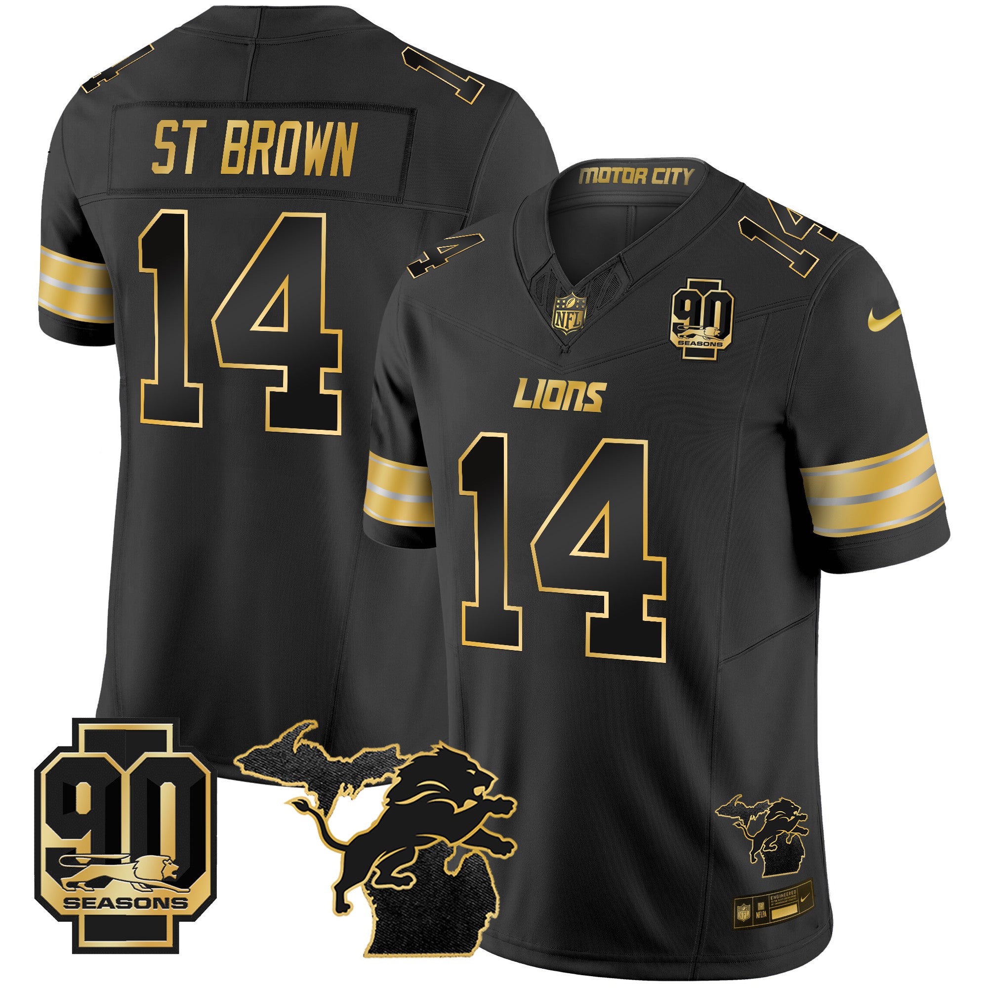 Men's Detroit Lions 2025 Michigan & 90th Season Patch Gold Vapor Limited Jersey - All Stitched