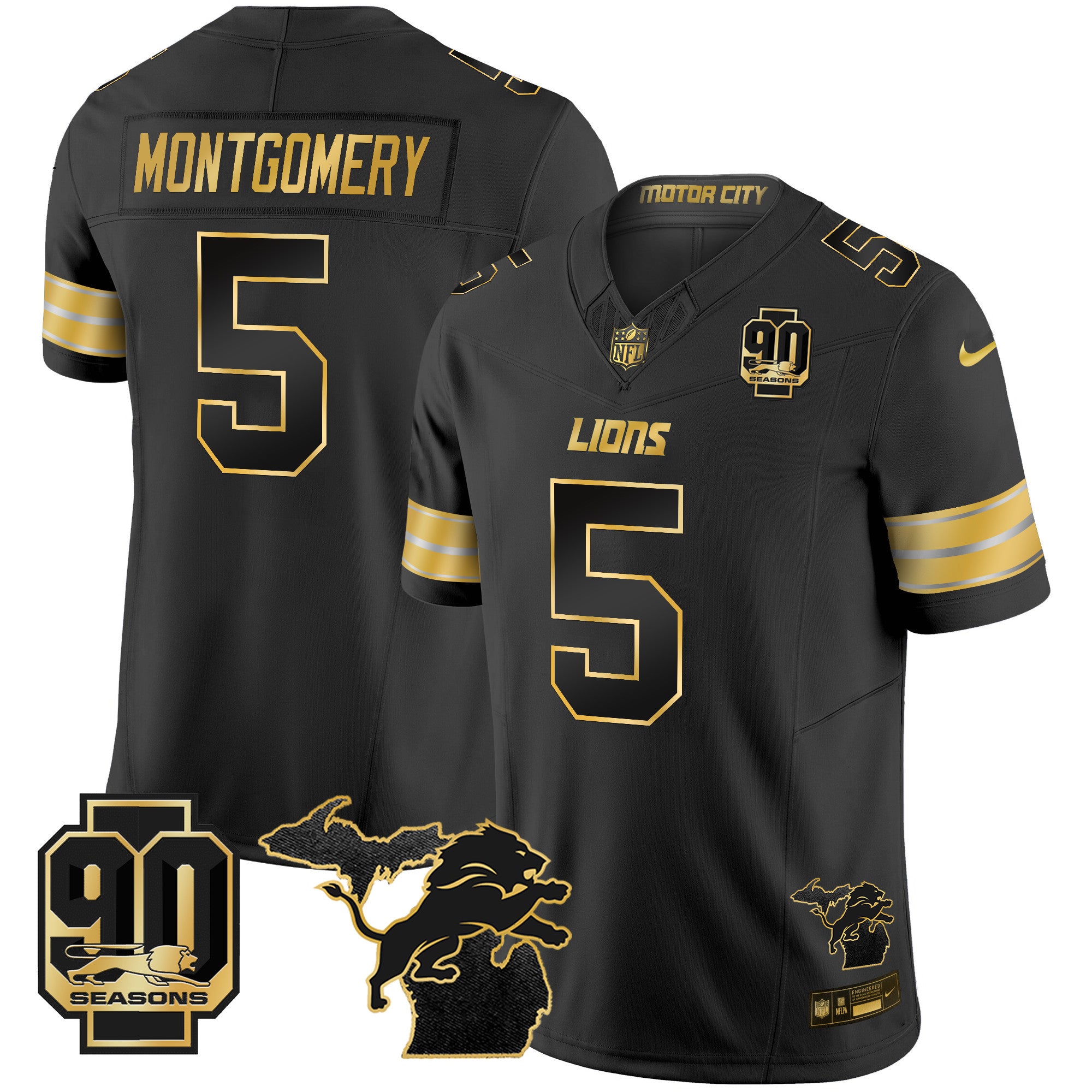 Men's Detroit Lions 2025 Michigan & 90th Season Patch Gold Vapor Limited Jersey - All Stitched