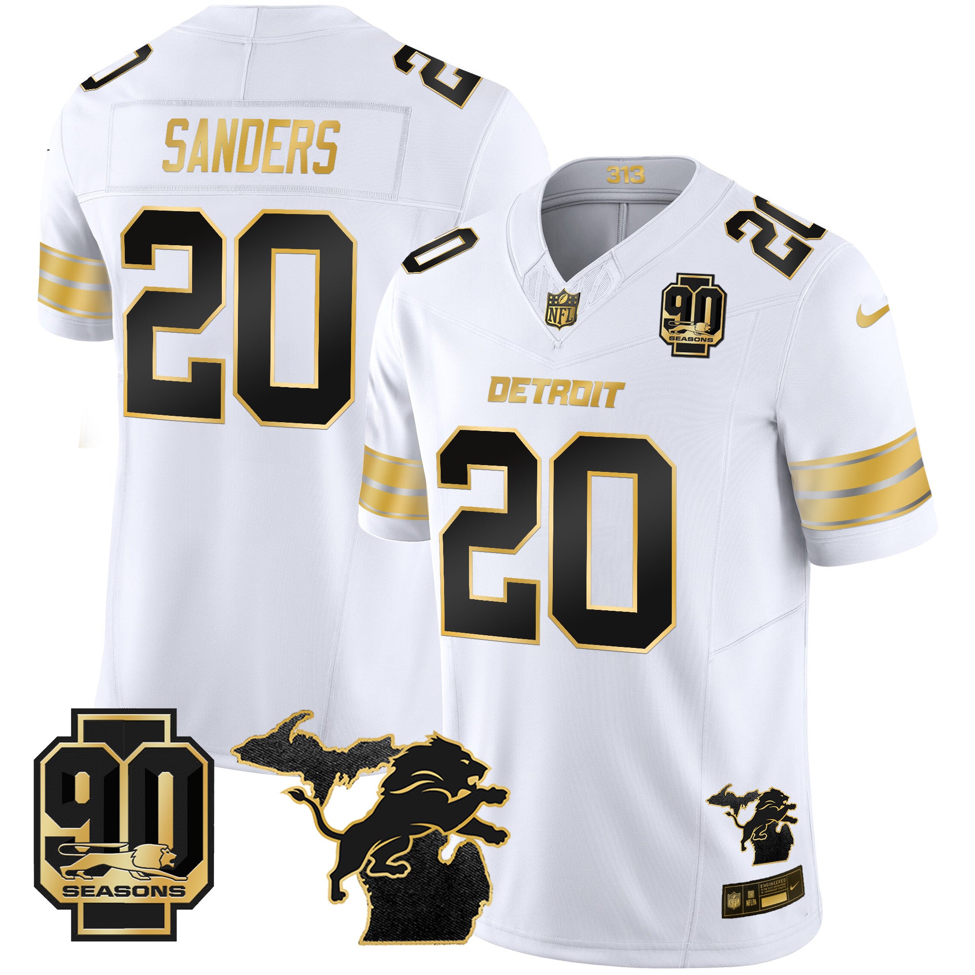 Men's Detroit Lions 2025 Michigan & 90th Season Patch Gold Vapor Limited Jersey - All Stitched