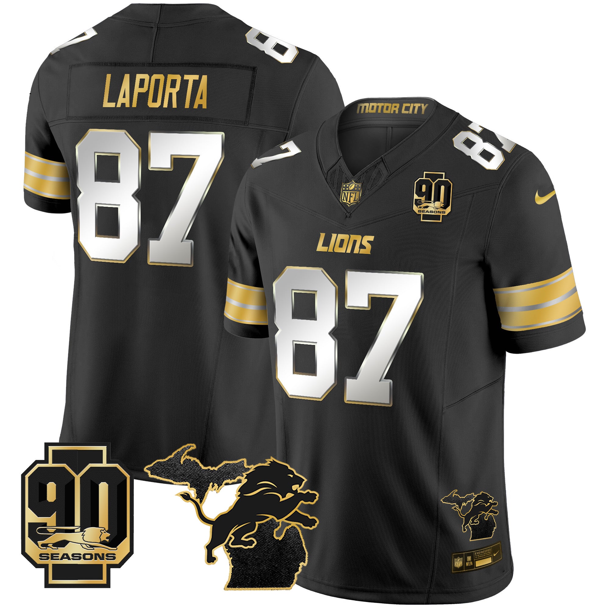 Men's Detroit Lions 2025 Michigan & 90th Season Patch Gold Vapor Limited Jersey - All Stitched