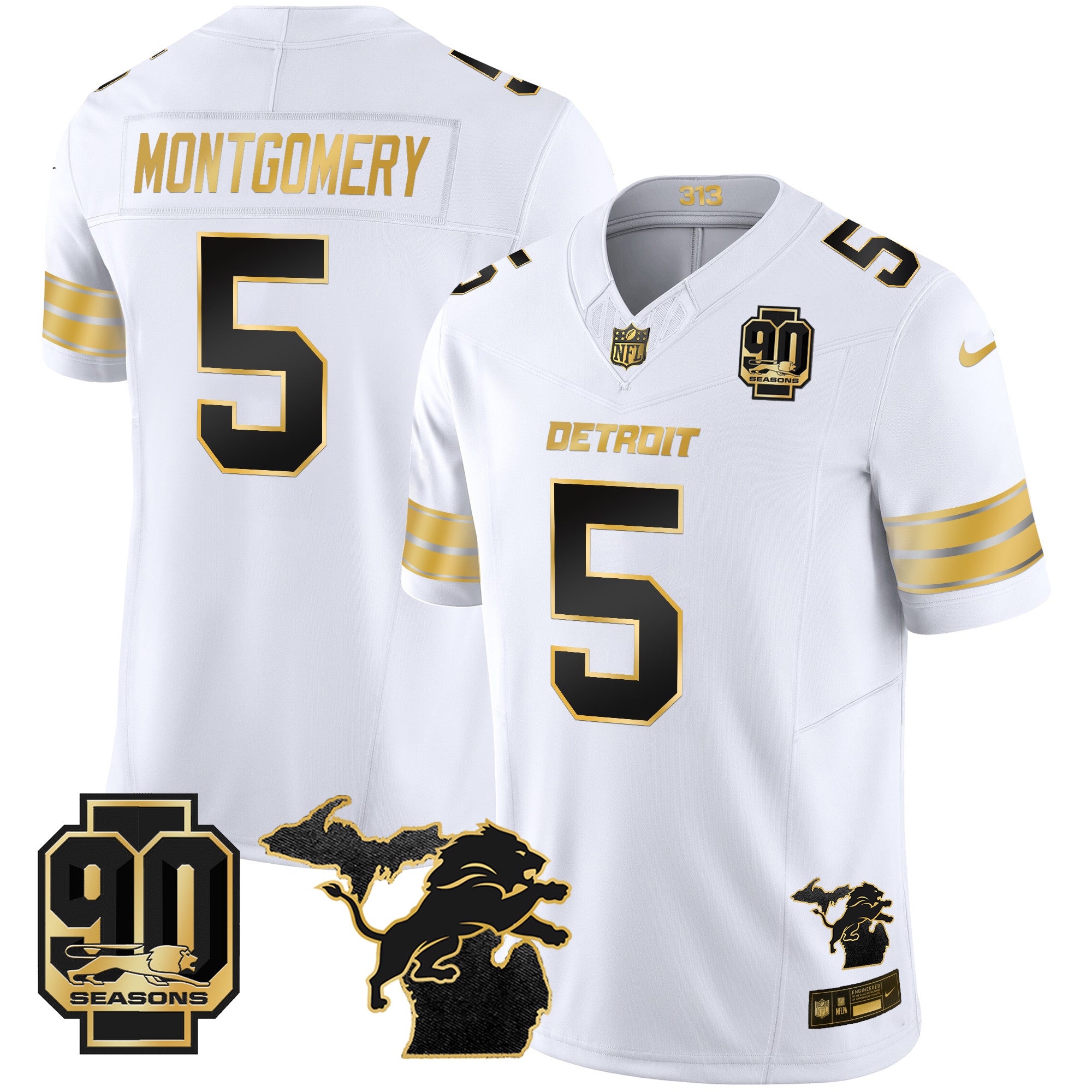 Men's Detroit Lions 2025 Michigan & 90th Season Patch Gold Vapor Limited Jersey - All Stitched
