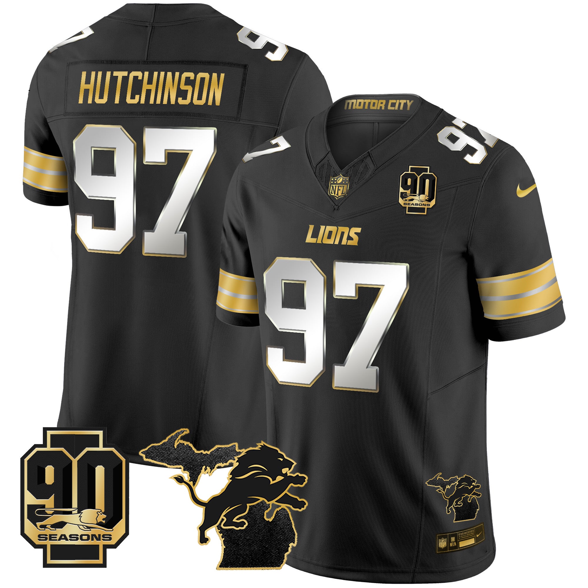 Men's Detroit Lions 2025 Michigan & 90th Season Patch Gold Vapor Limited Jersey - All Stitched