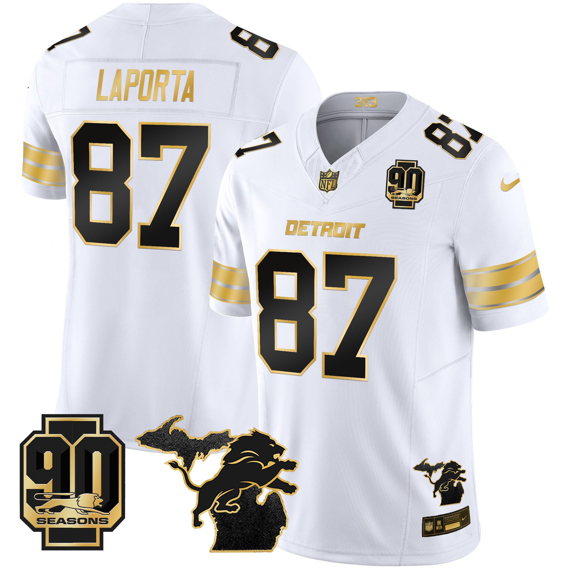 Men's Detroit Lions 2025 Michigan & 90th Season Patch Gold Vapor Limited Jersey - All Stitched