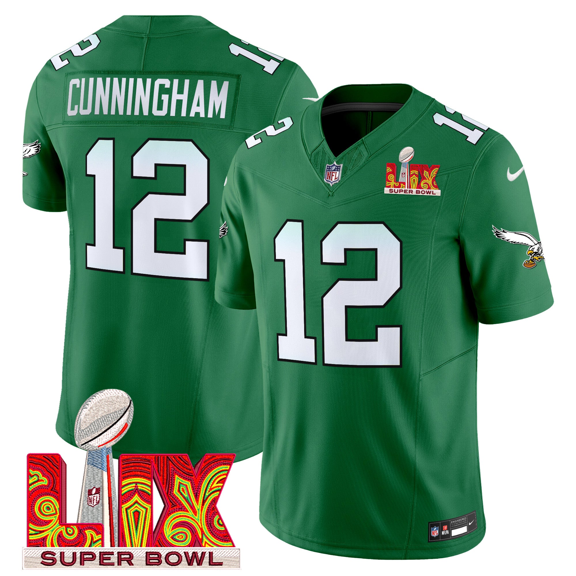 Men's Philadelphia Eagles Kelly Green Super Bowl LIX Patch Vapor Limited Jersey - All Stitched