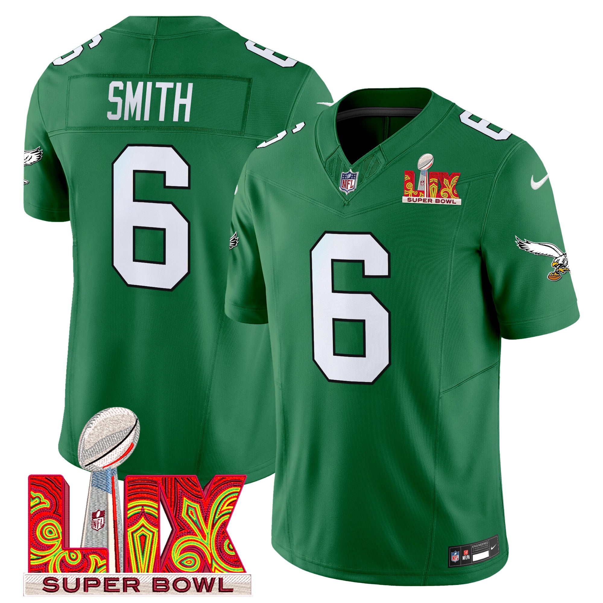 Men's Philadelphia Eagles Kelly Green Super Bowl LIX Patch Vapor Limited Jersey - All Stitched
