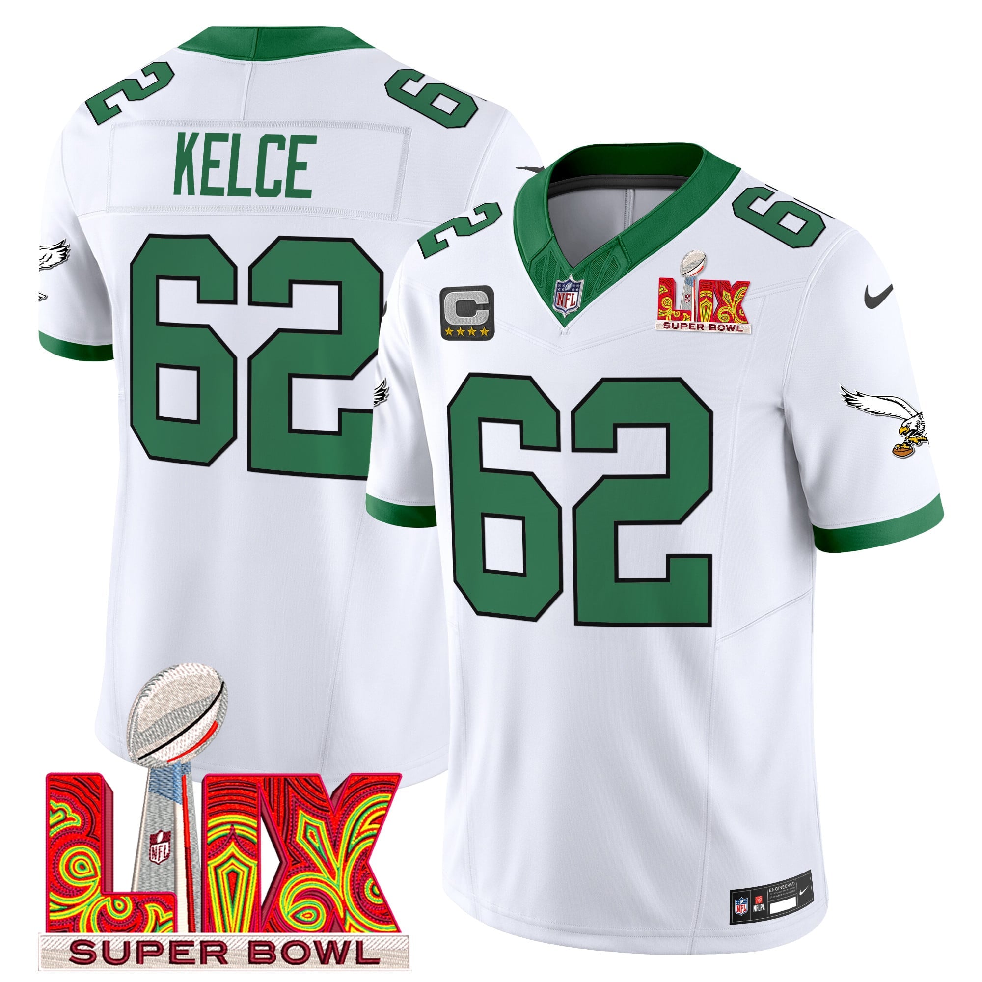 Men's Philadelphia Eagles Kelly Green Super Bowl LIX Patch Vapor Limited Jersey - All Stitched