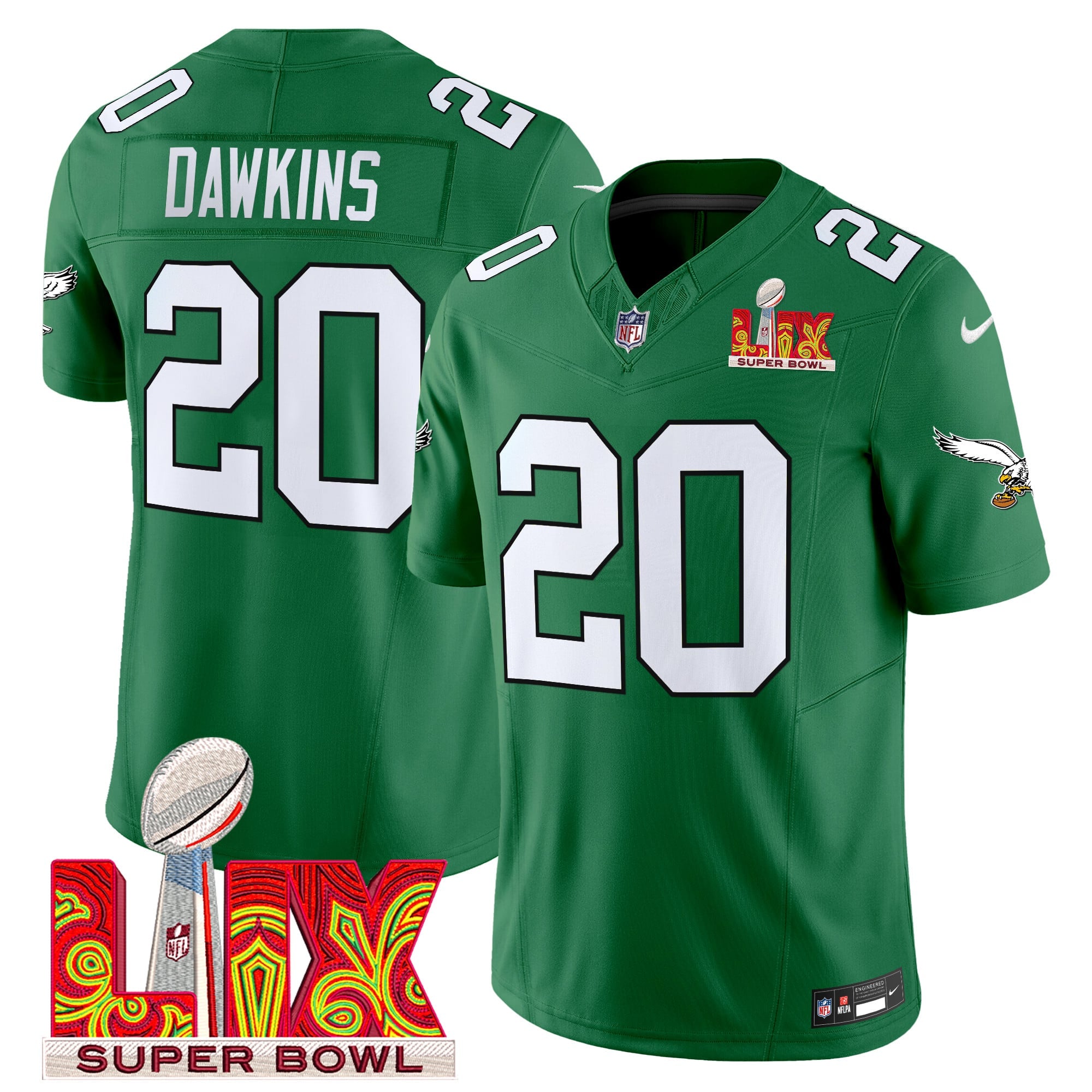 Men's Philadelphia Eagles Kelly Green Super Bowl LIX Patch Vapor Limited Jersey - All Stitched