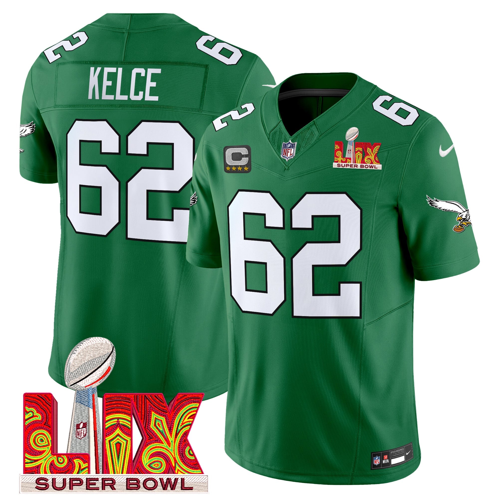 Men's Philadelphia Eagles Kelly Green Super Bowl LIX Patch Vapor Limited Jersey - All Stitched