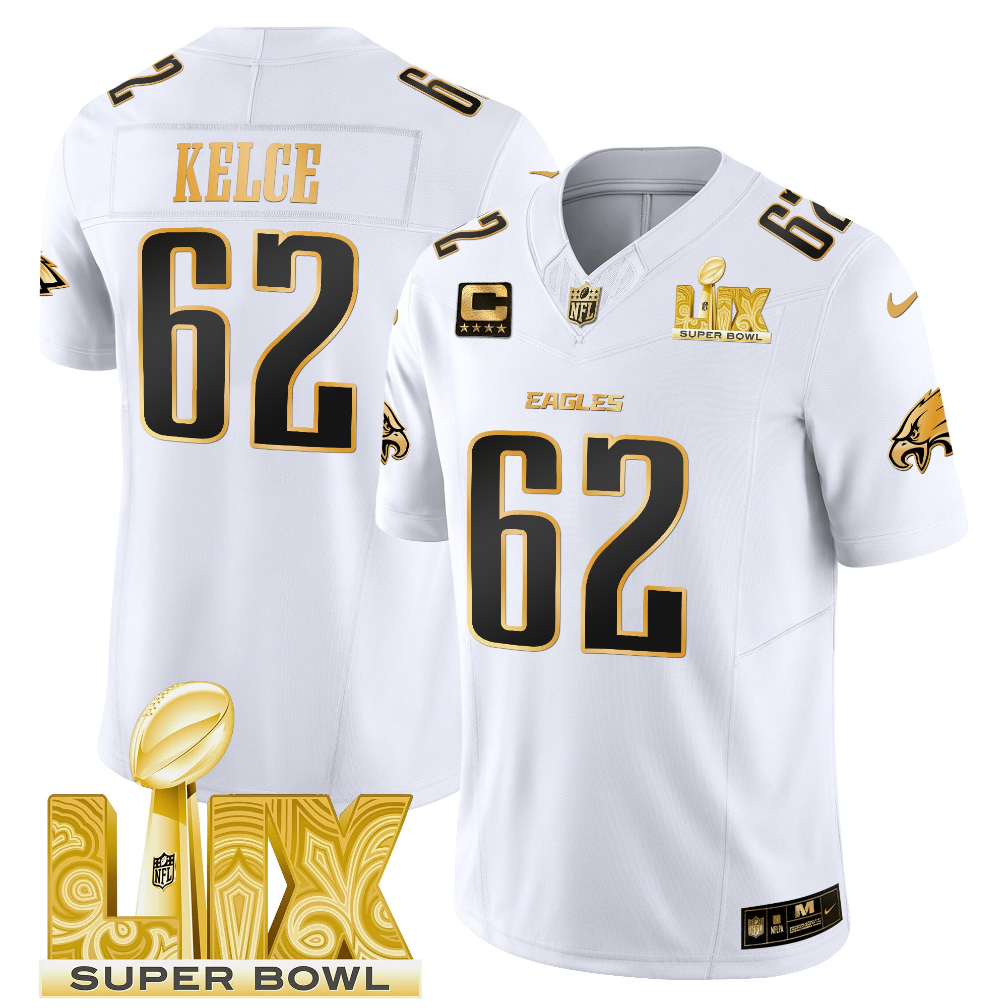 Men's Philadelphia Eagles Super Bowl LIX Patch Gold Vapor Limited Jersey - All Stitched