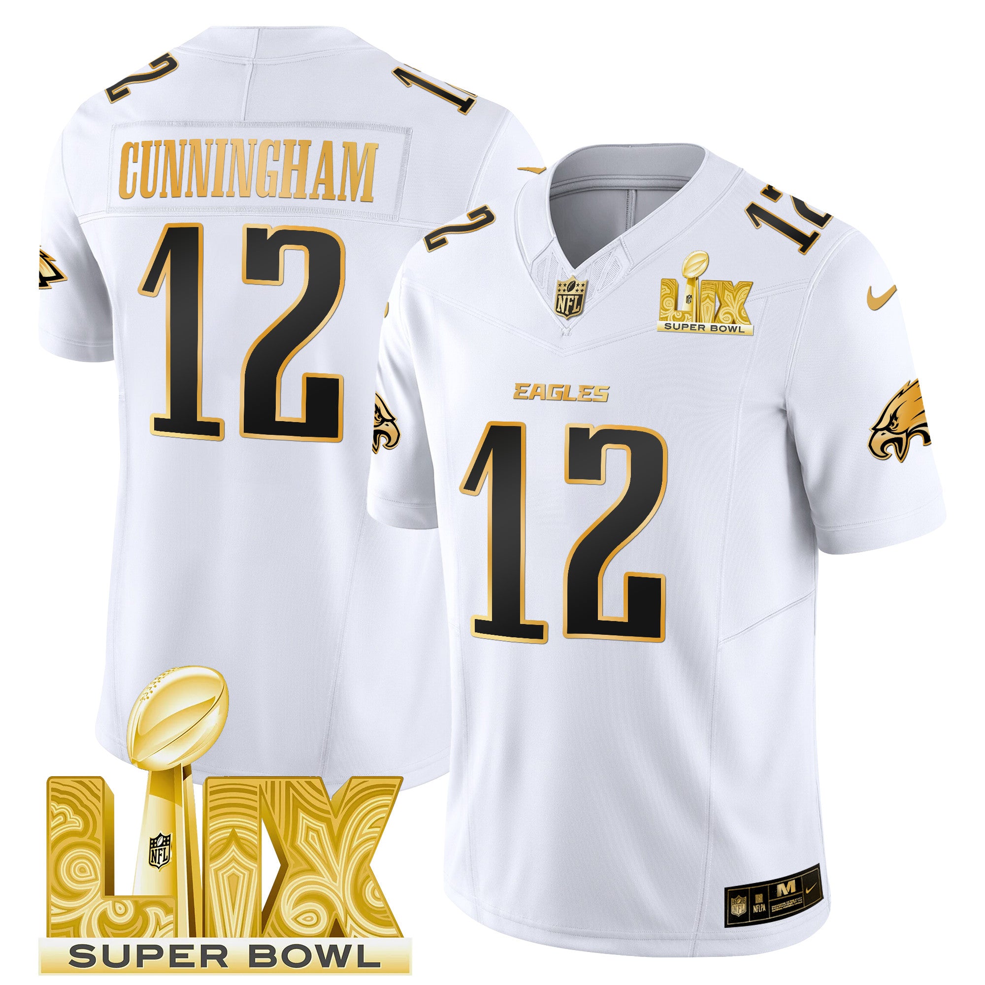 Men's Philadelphia Eagles Super Bowl LIX Patch Gold Vapor Limited Jersey - All Stitched