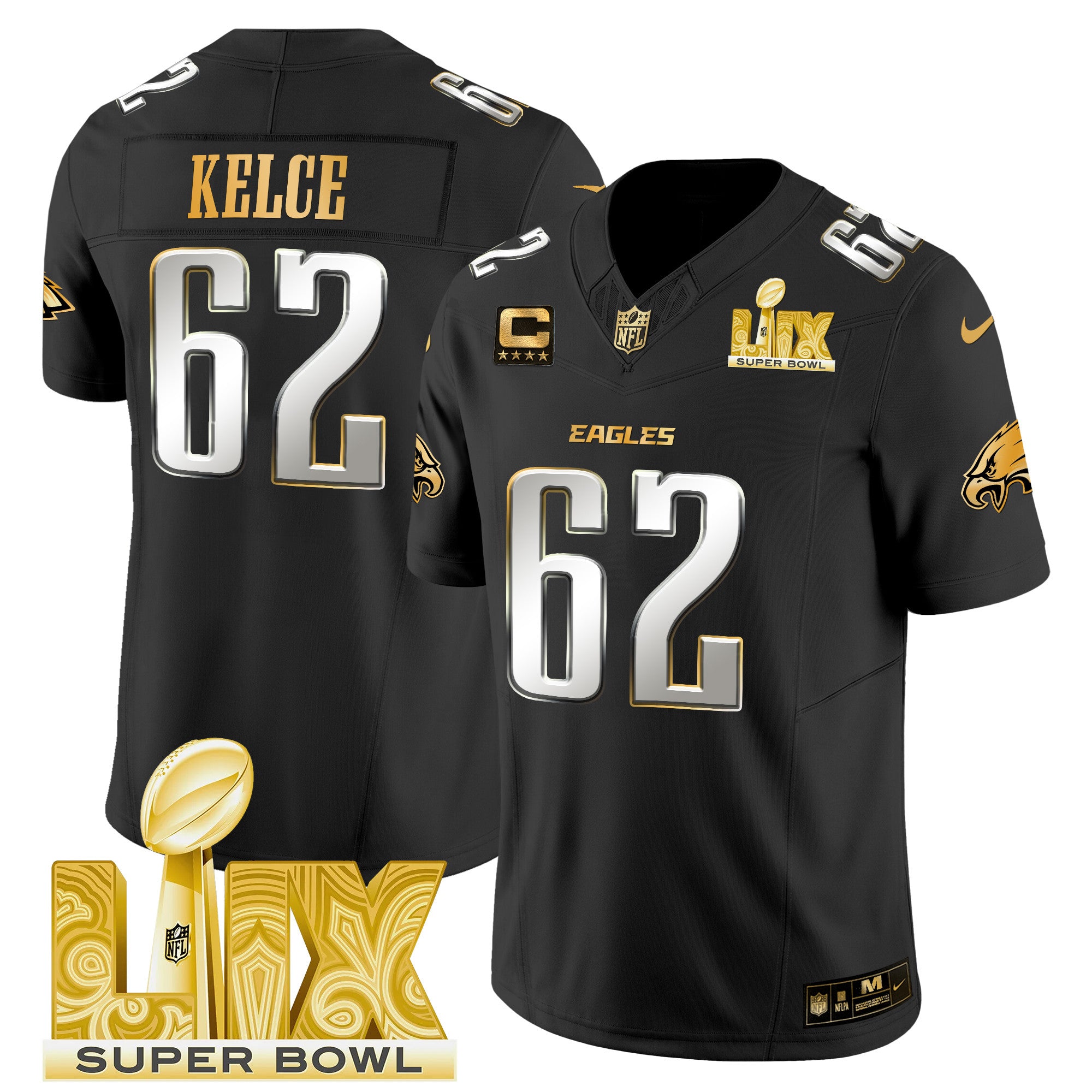 Men's Philadelphia Eagles Super Bowl LIX Patch Gold Vapor Limited Jersey - All Stitched