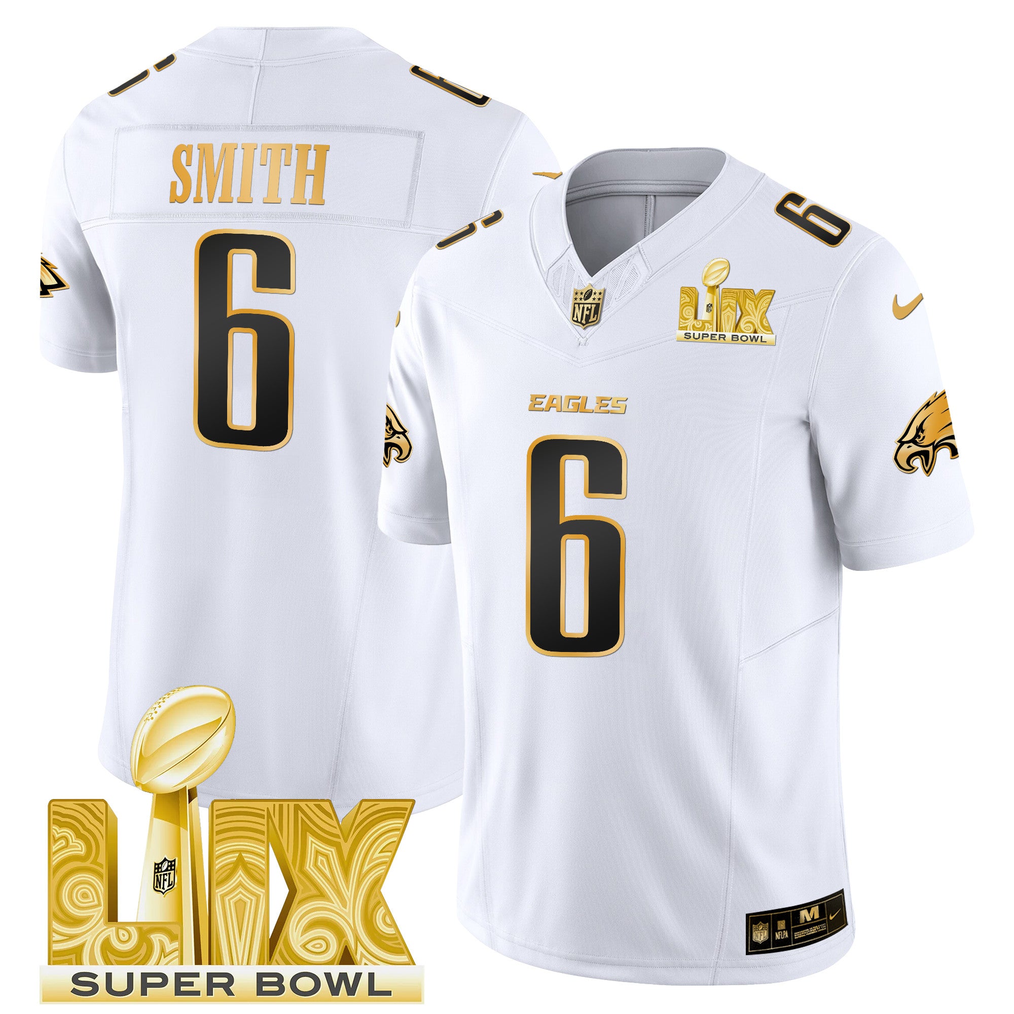 Men's Philadelphia Eagles Super Bowl LIX Patch Gold Vapor Limited Jersey - All Stitched