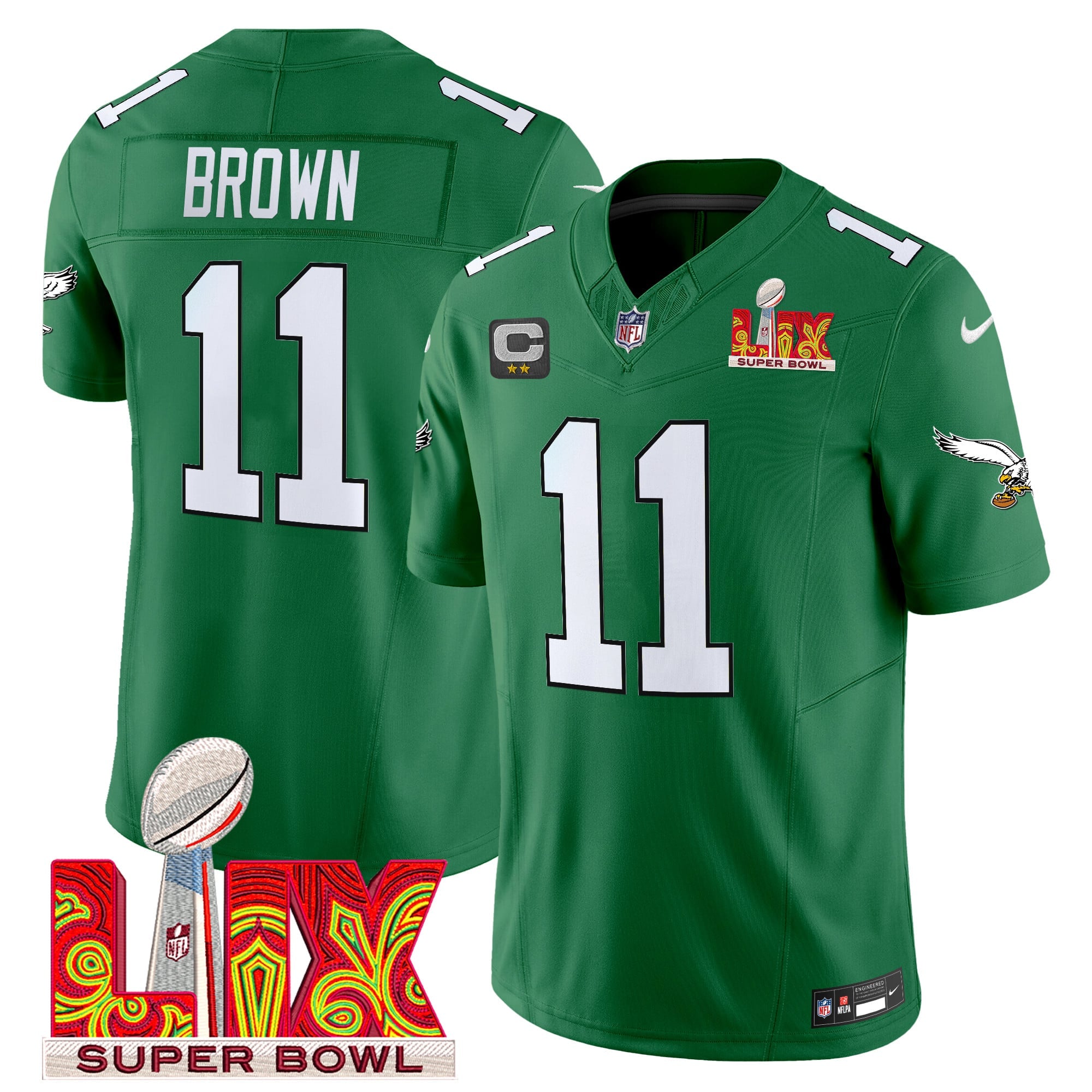 Men's Philadelphia Eagles Kelly Green Super Bowl LIX Patch Vapor Limited Jersey - All Stitched