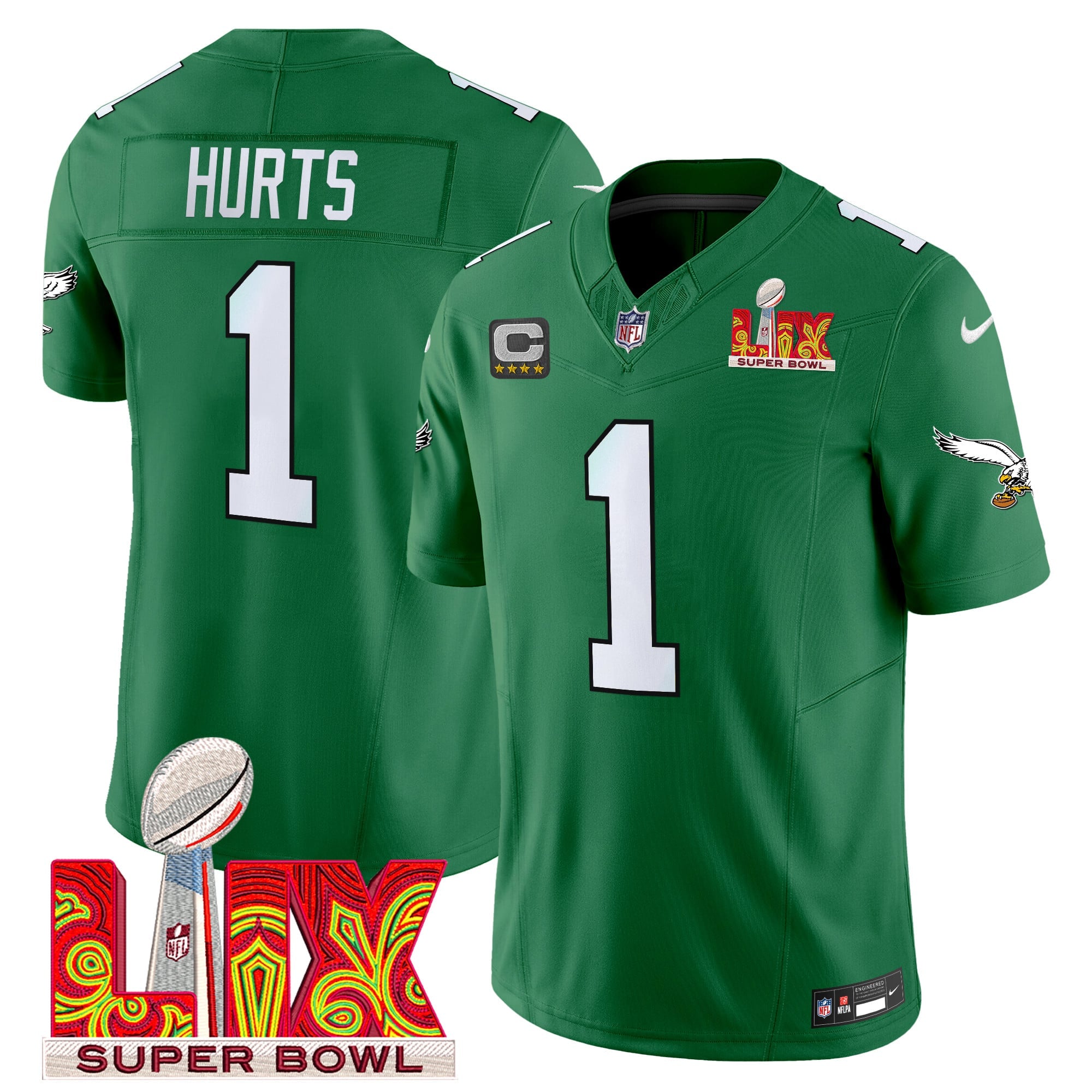 Men's Philadelphia Eagles Kelly Green Super Bowl LIX Patch Vapor Limited Jersey - All Stitched