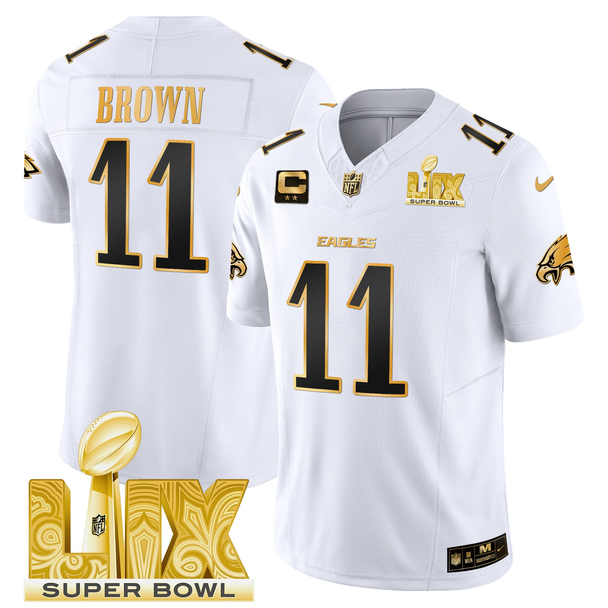 Men's Philadelphia Eagles Super Bowl LIX Patch Gold Vapor Limited Jersey - All Stitched