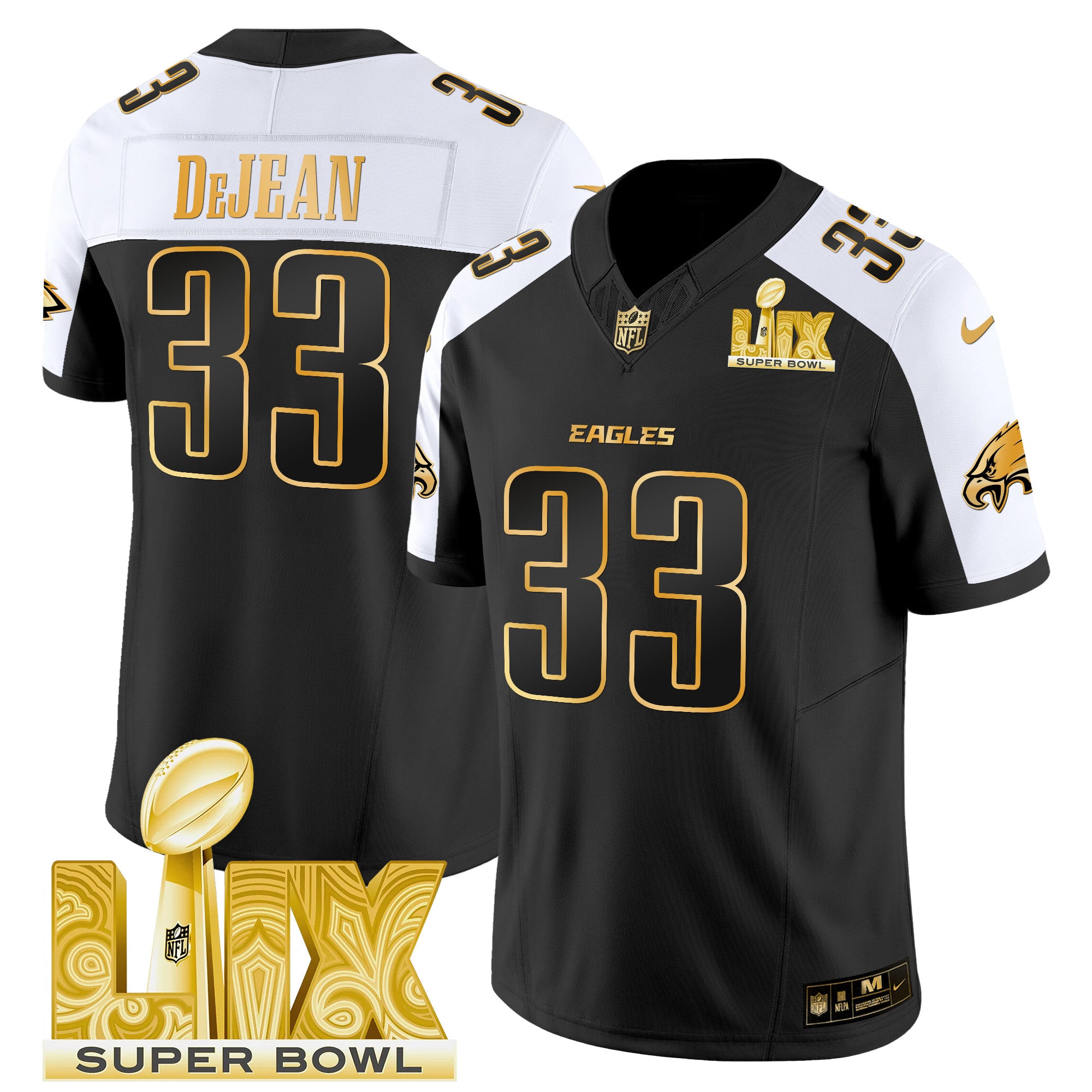 Men's Philadelphia Eagles Super Bowl LIX Patch Gold Vapor Limited Jersey - All Stitched