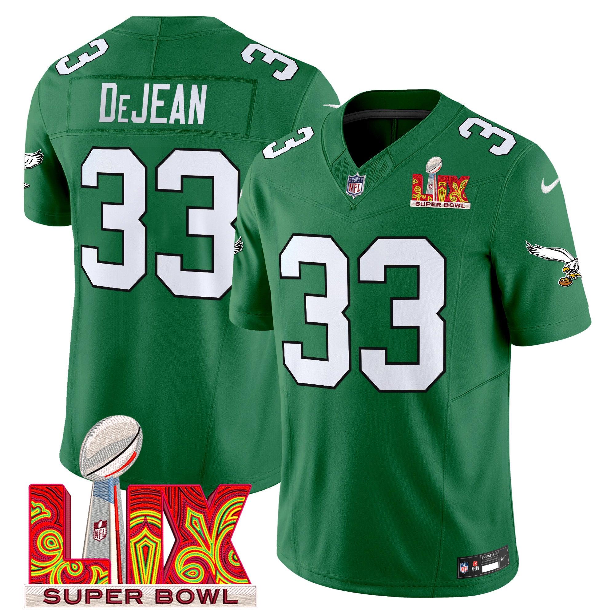 Men's Philadelphia Eagles Kelly Green Super Bowl LIX Patch Vapor Limited Jersey - All Stitched