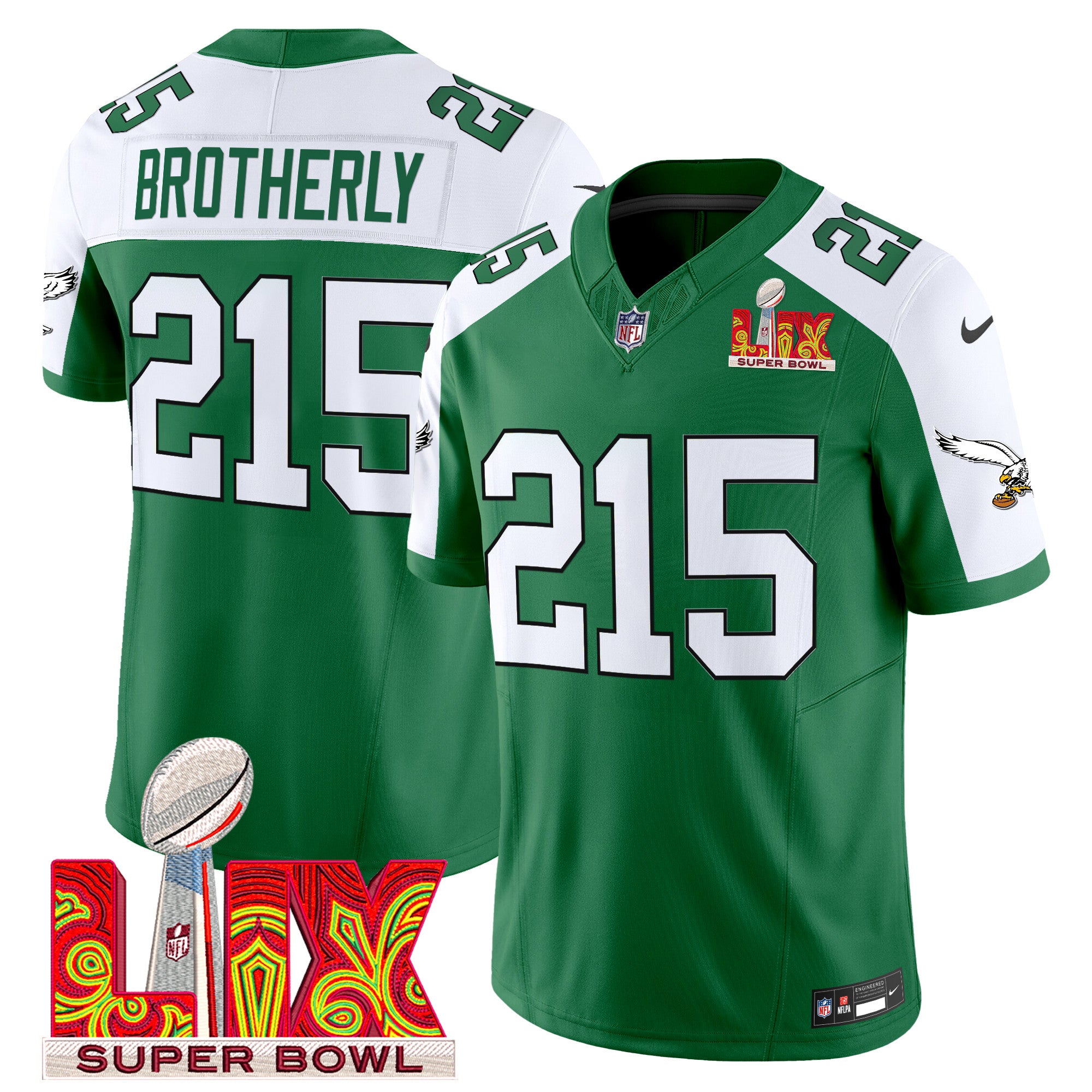 Men's Philadelphia Eagles Kelly Green Super Bowl LIX Patch Vapor Limited Jersey - All Stitched