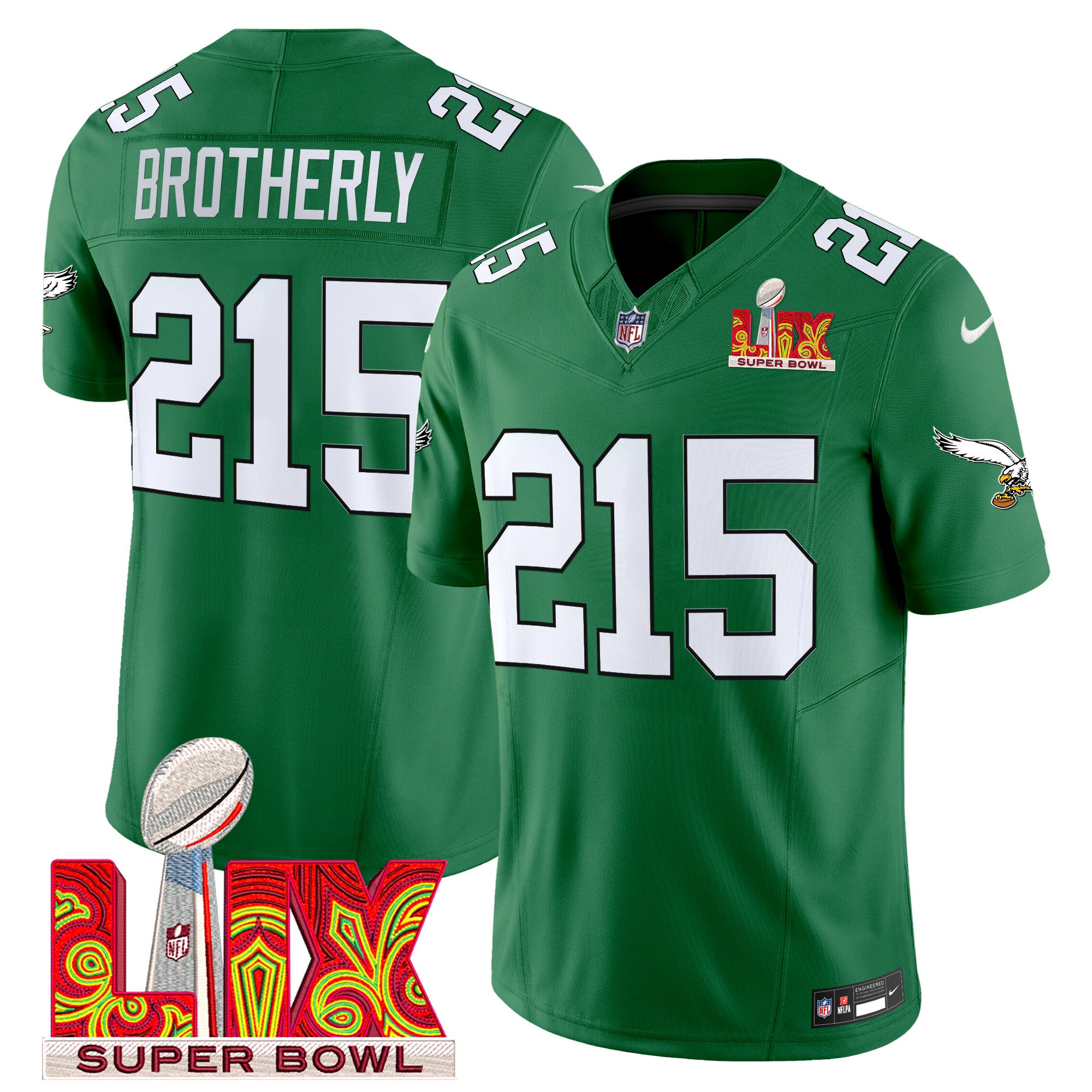 Men's Philadelphia Eagles Kelly Green Super Bowl LIX Patch Vapor Limited Jersey - All Stitched