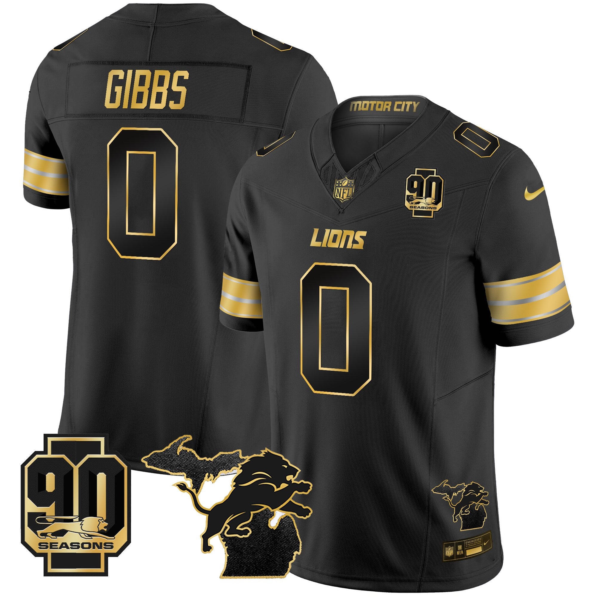 Men's Detroit Lions 2025 Michigan & 90th Season Patch Gold Vapor Limited Jersey - All Stitched