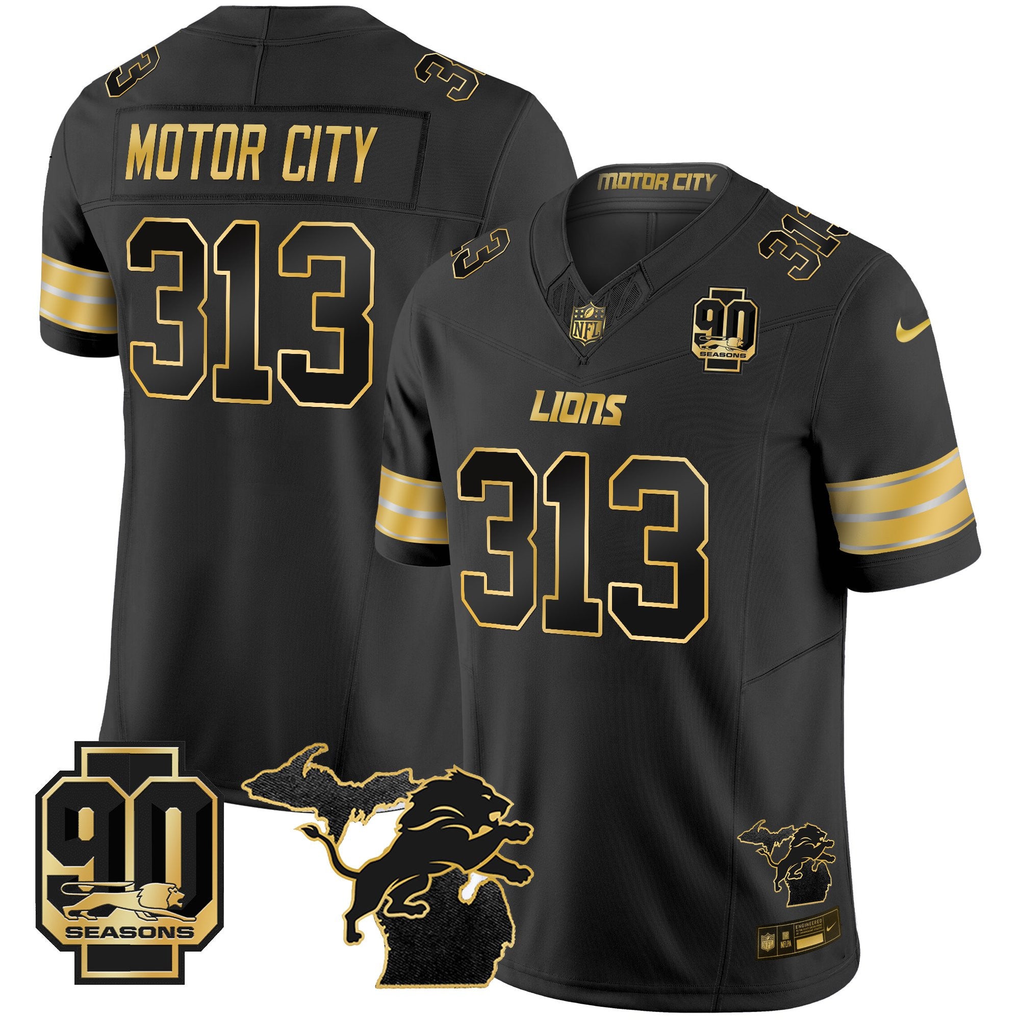 Men's Detroit Lions 2025 Michigan & 90th Season Patch Gold Vapor Limited Jersey - All Stitched