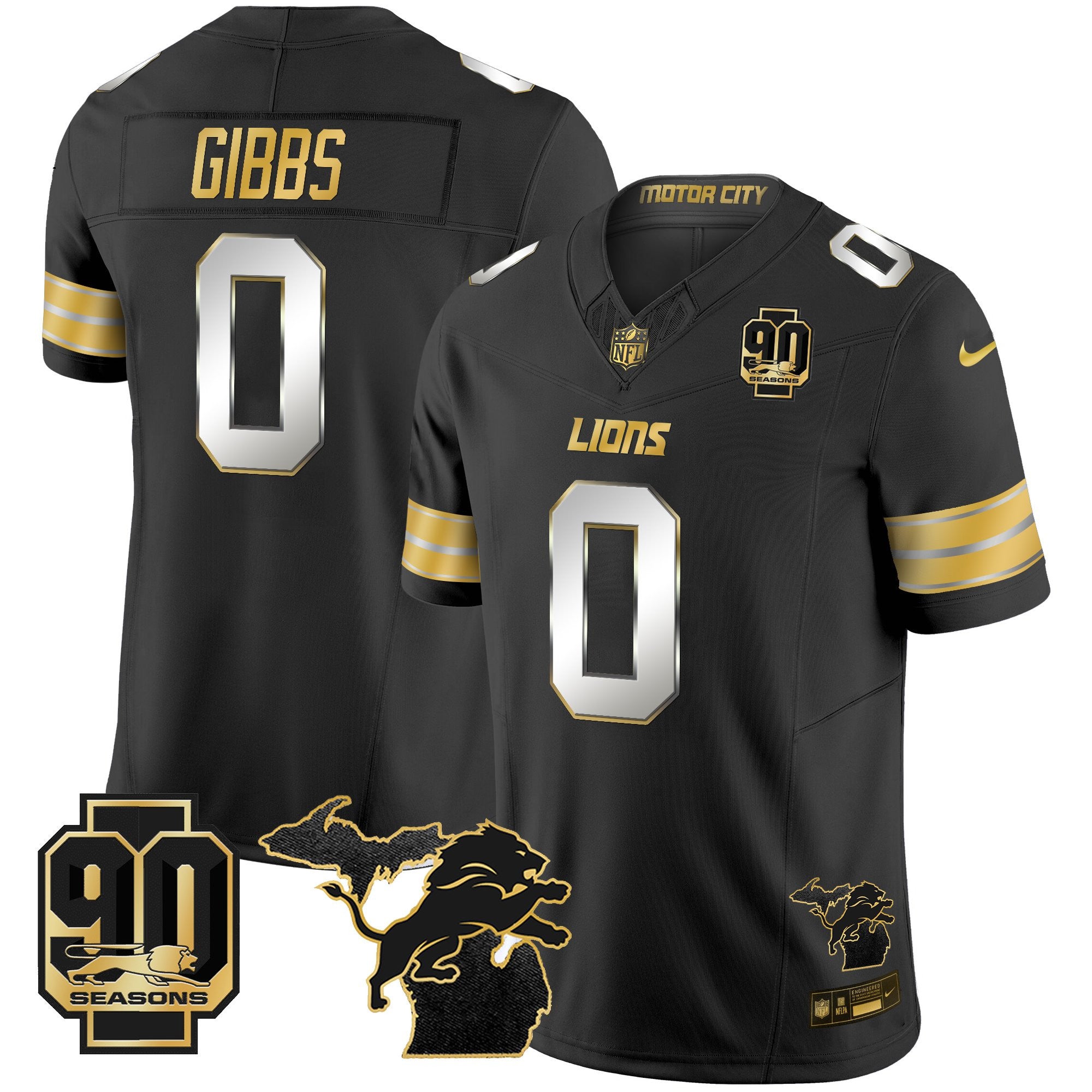 Men's Detroit Lions 2025 Michigan & 90th Season Patch Gold Vapor Limited Jersey - All Stitched