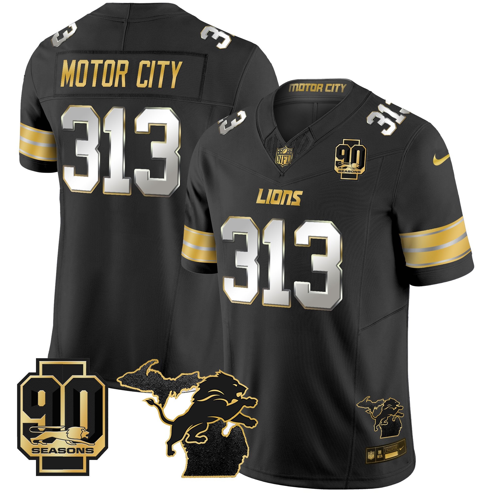 Men's Detroit Lions 2025 Michigan & 90th Season Patch Gold Vapor Limited Jersey - All Stitched