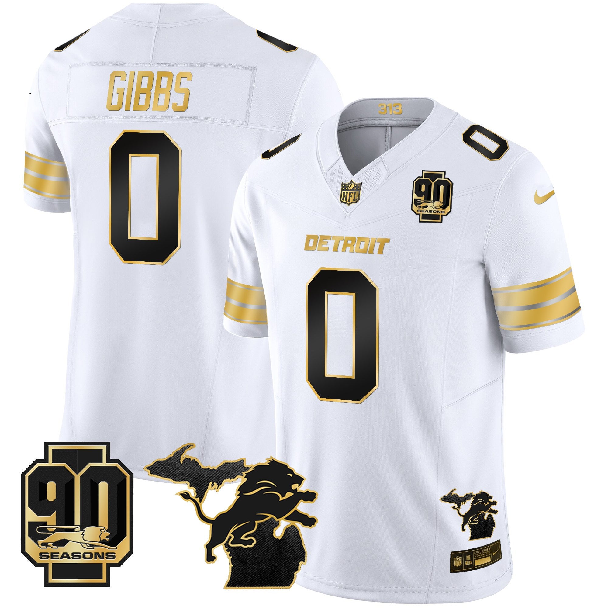 Men's Detroit Lions 2025 Michigan & 90th Season Patch Gold Vapor Limited Jersey - All Stitched