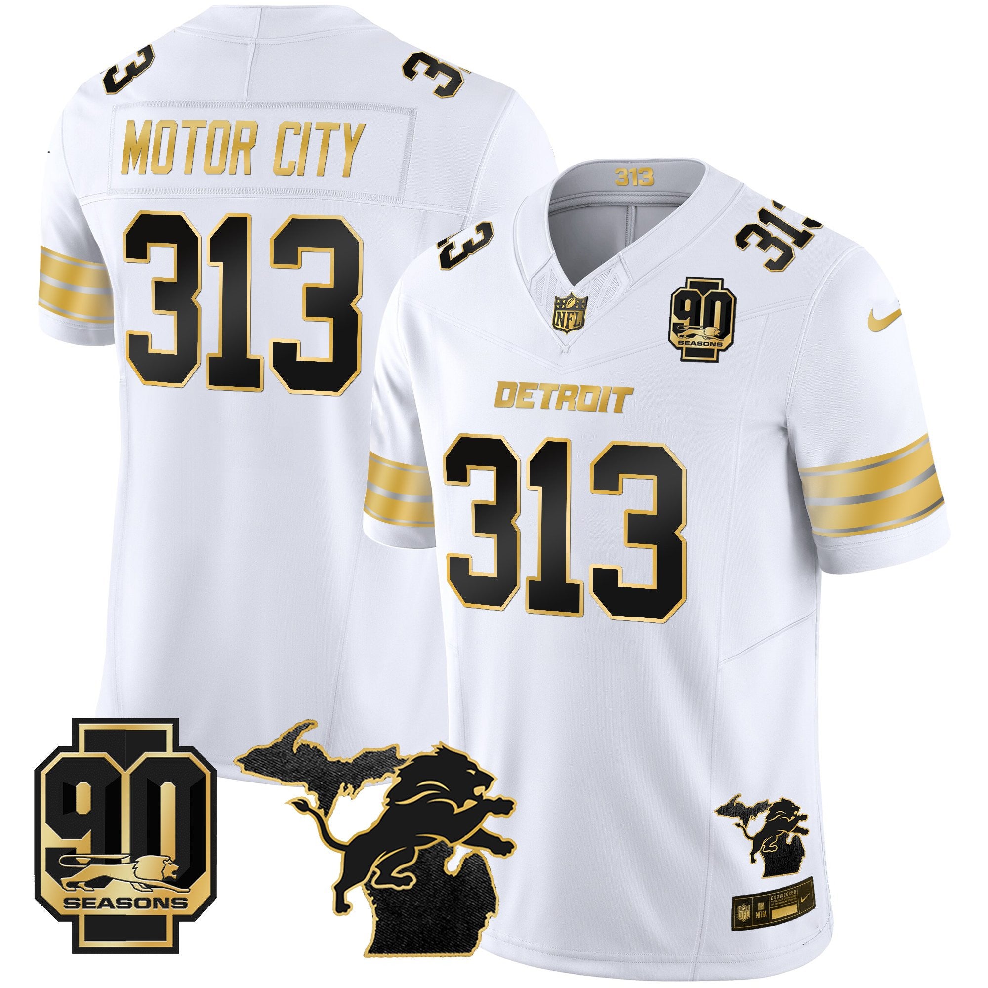 Men's Detroit Lions 2025 Michigan & 90th Season Patch Gold Vapor Limited Jersey - All Stitched