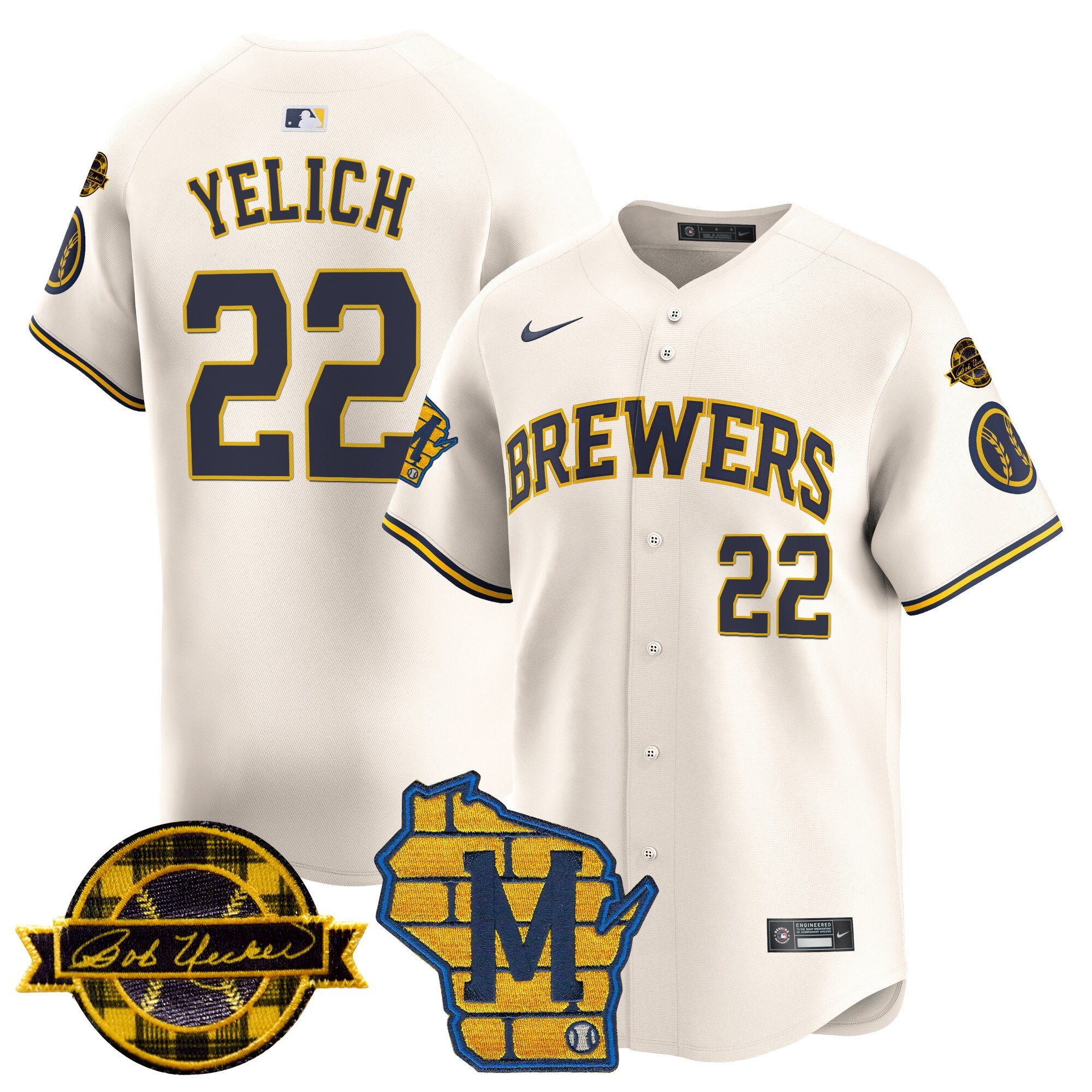 Men's Milwaukee Brewers Home & Bob Uecker Patch Vapor Premier Limited Jersey - All Stitched