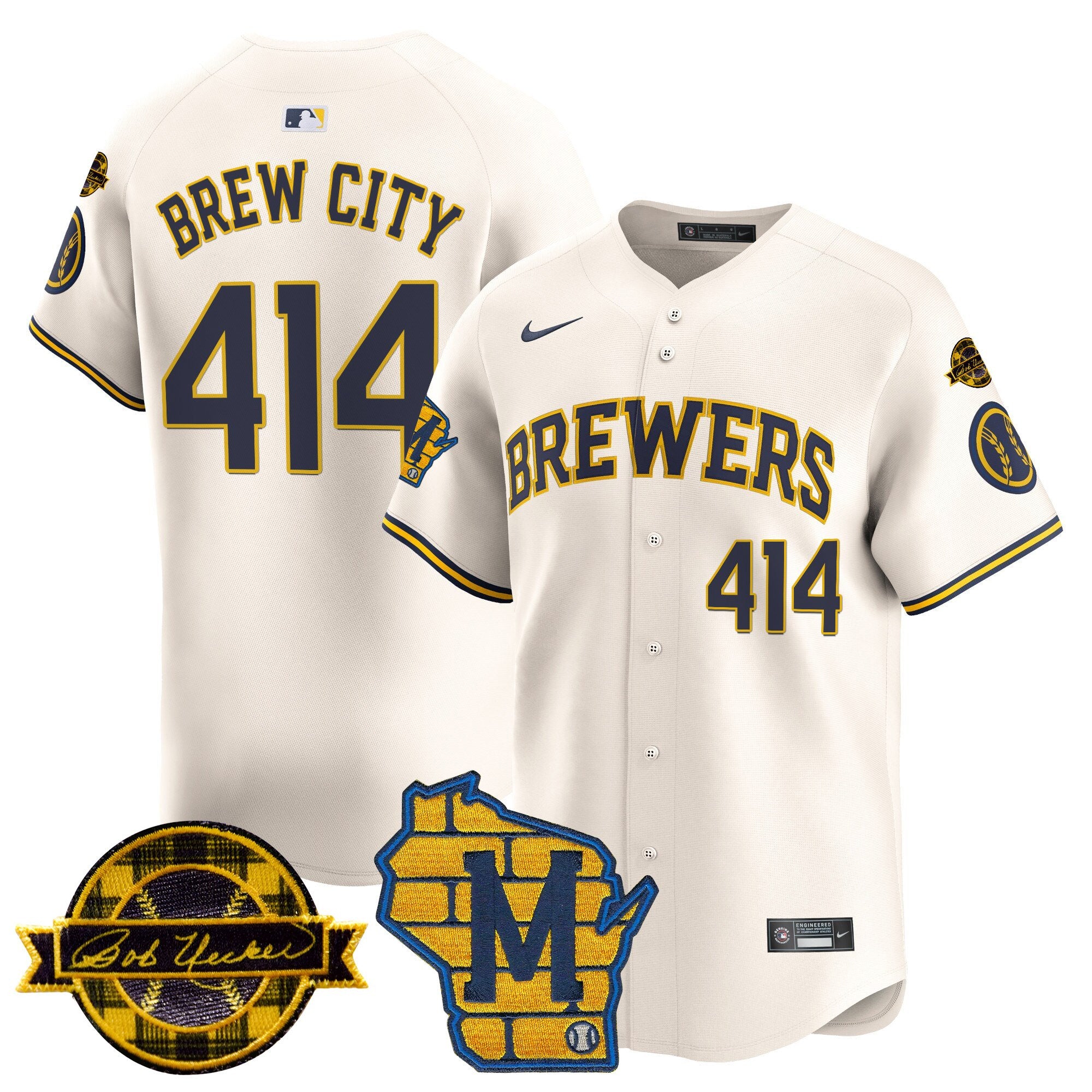 Men's Milwaukee Brewers Home & Bob Uecker Patch Vapor Premier Limited Jersey - All Stitched