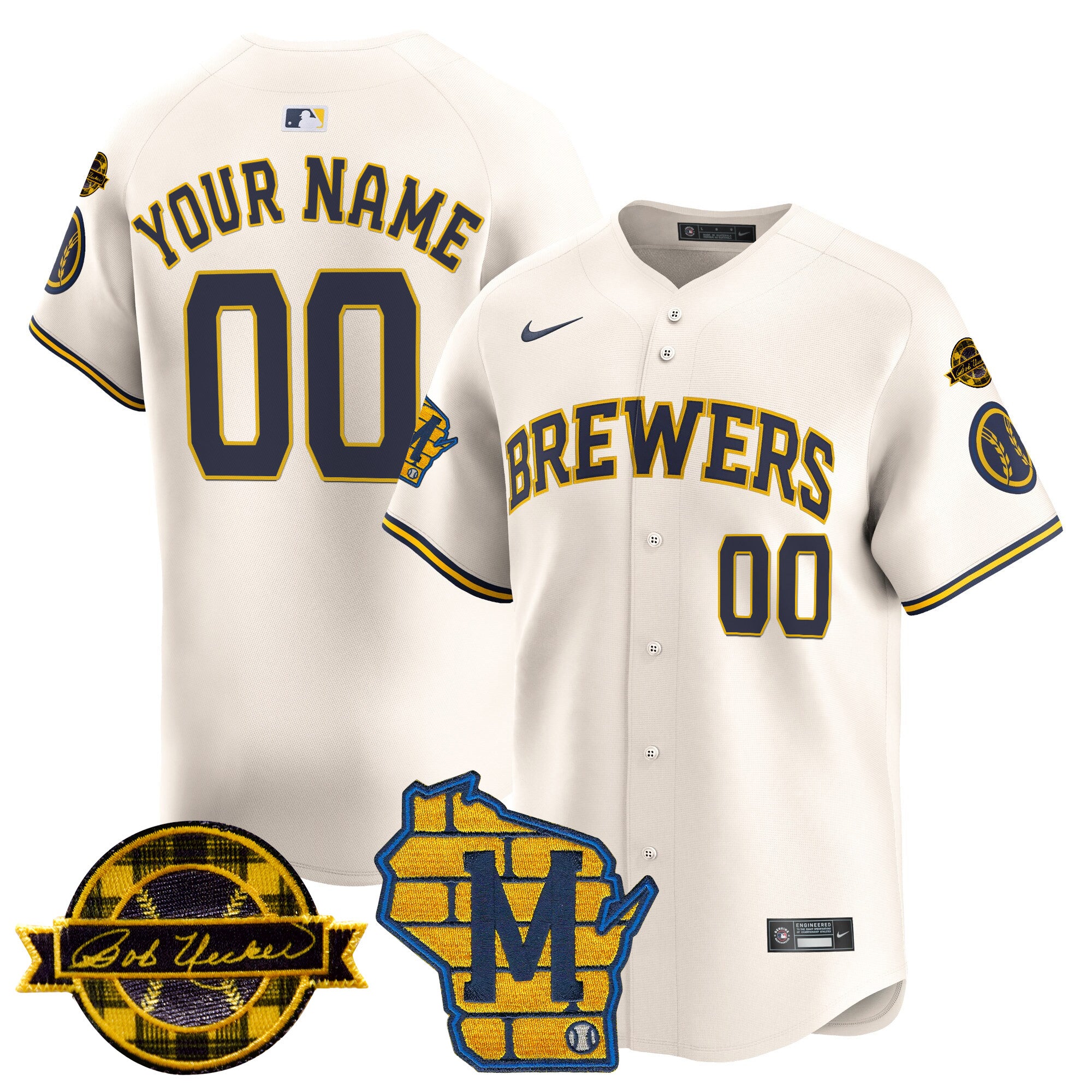 Milwaukee Brewers Home & Bob Uecker Patch Vapor Premier Limited Custom Jersey - All Stitched