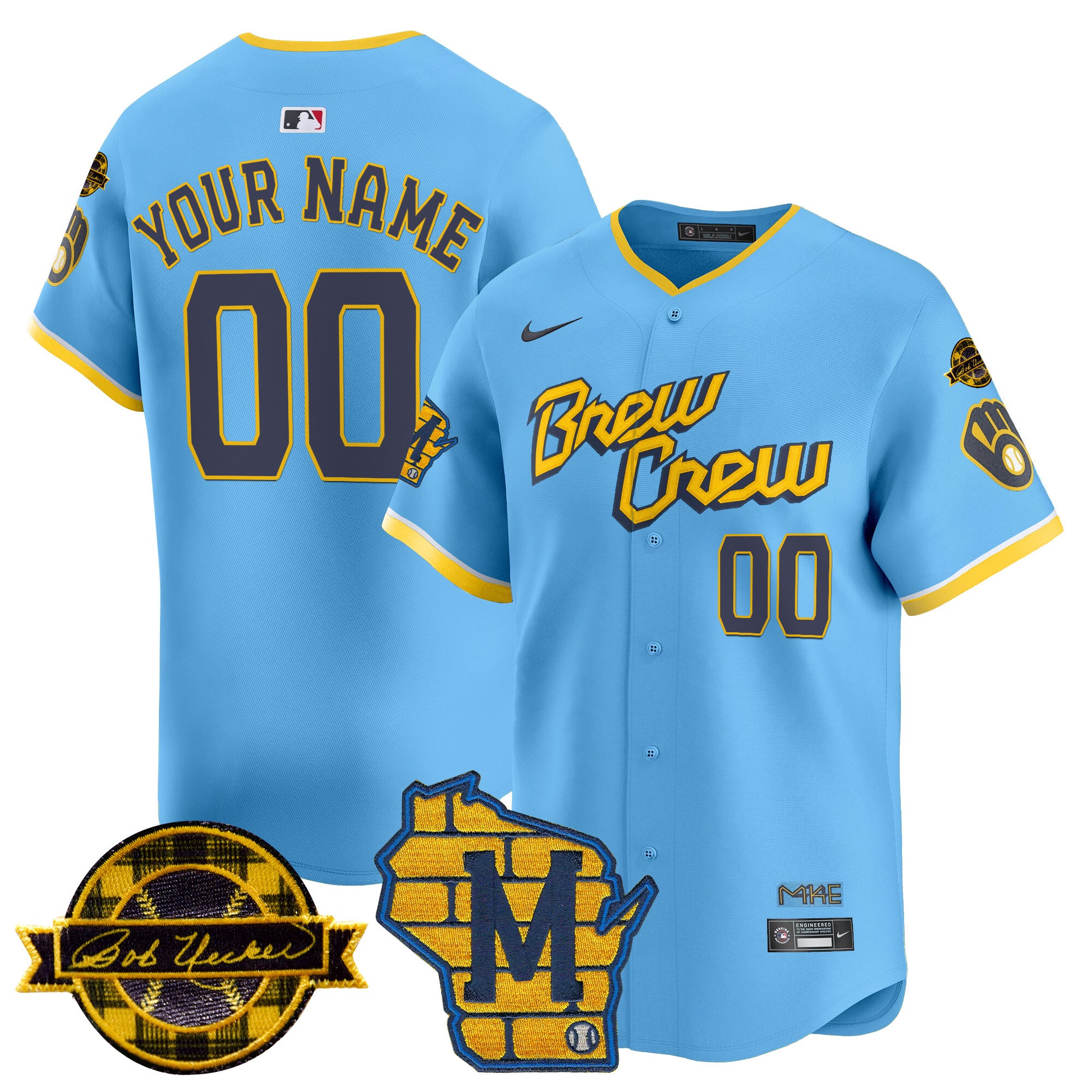 Milwaukee Brewers Home & Bob Uecker Patch Vapor Premier Limited Custom Jersey - All Stitched