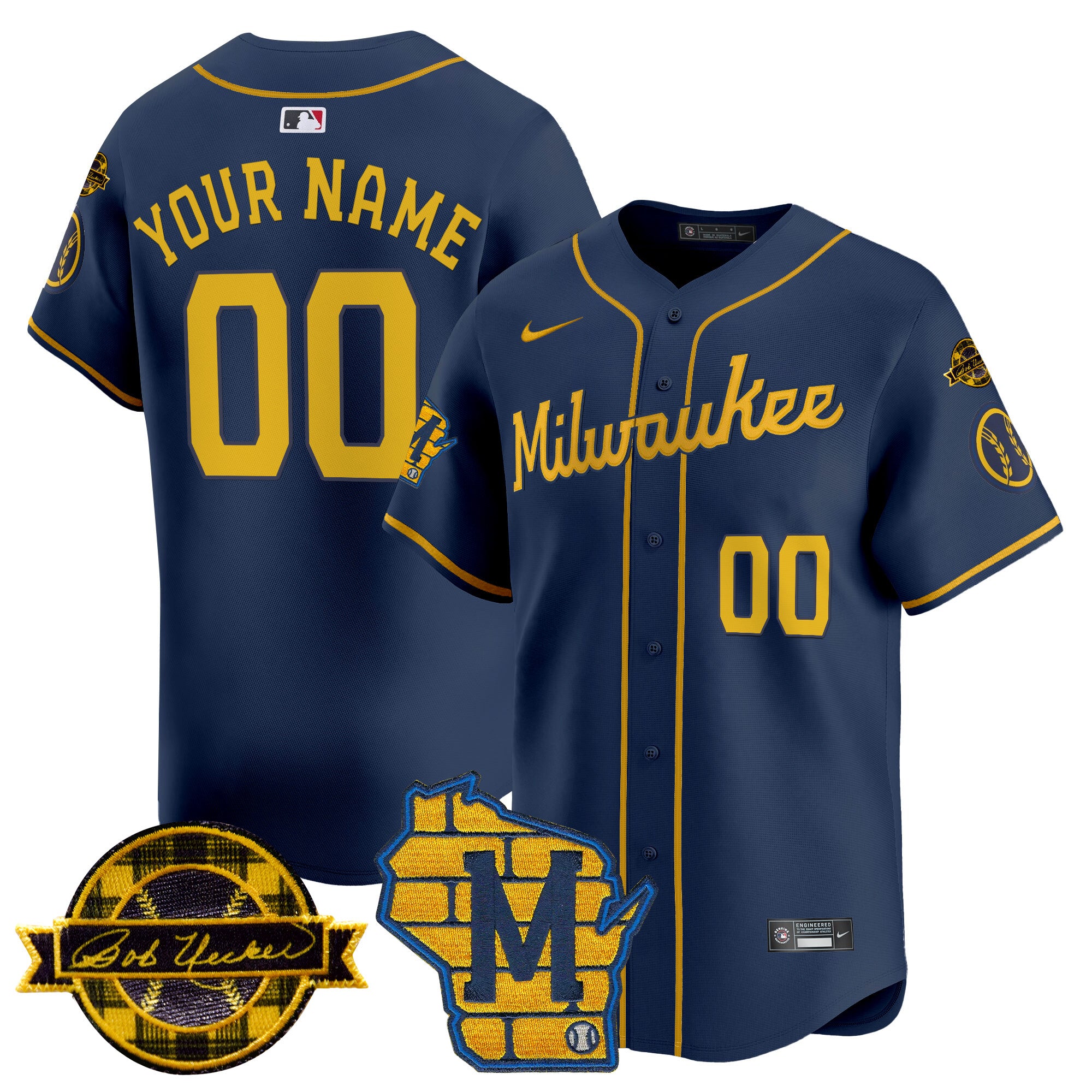Milwaukee Brewers Home & Bob Uecker Patch Vapor Premier Limited Custom Jersey - All Stitched