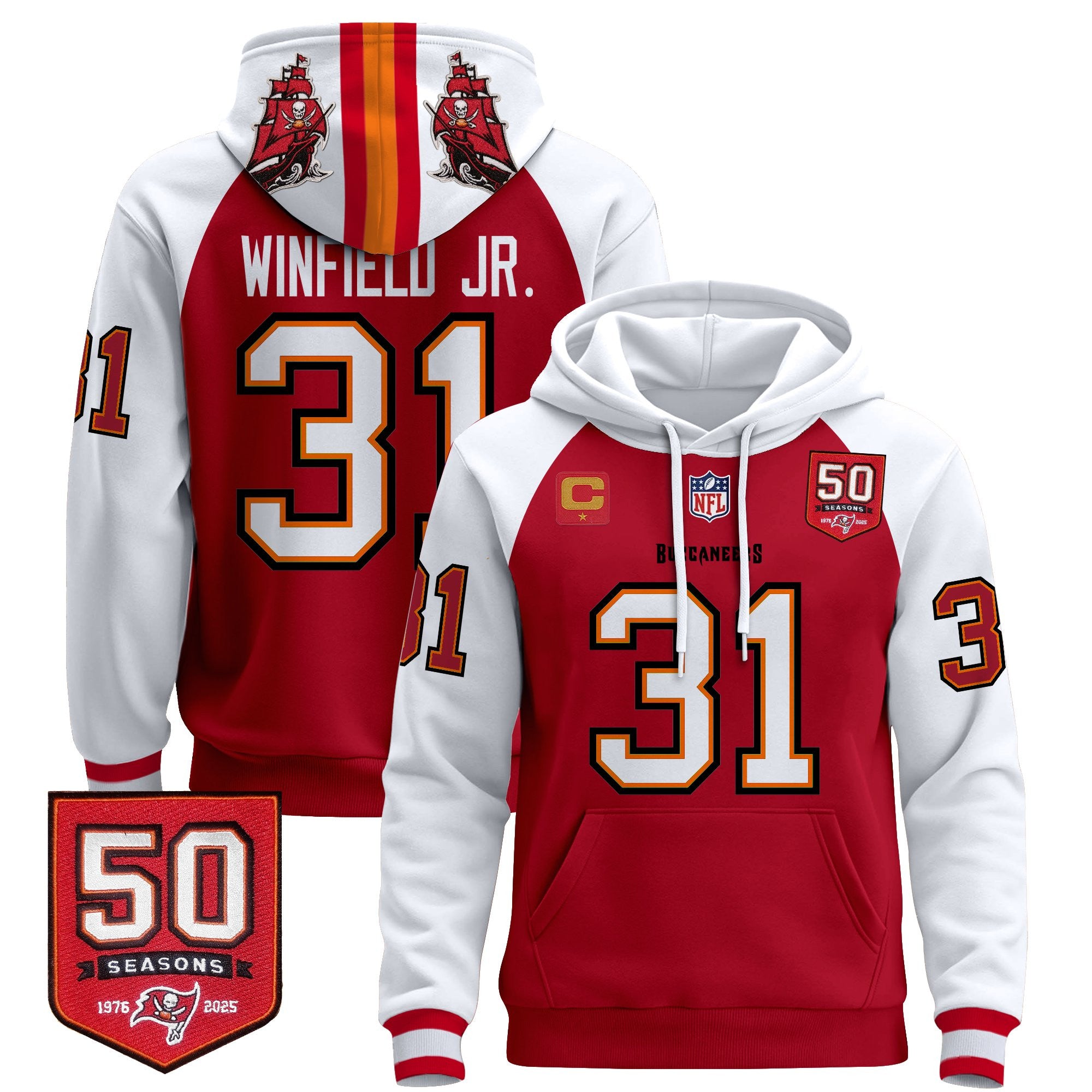 Men's Tampa Bay Buccaneers 50th Season Patch Premium Pullover Hoodie - All Stitched