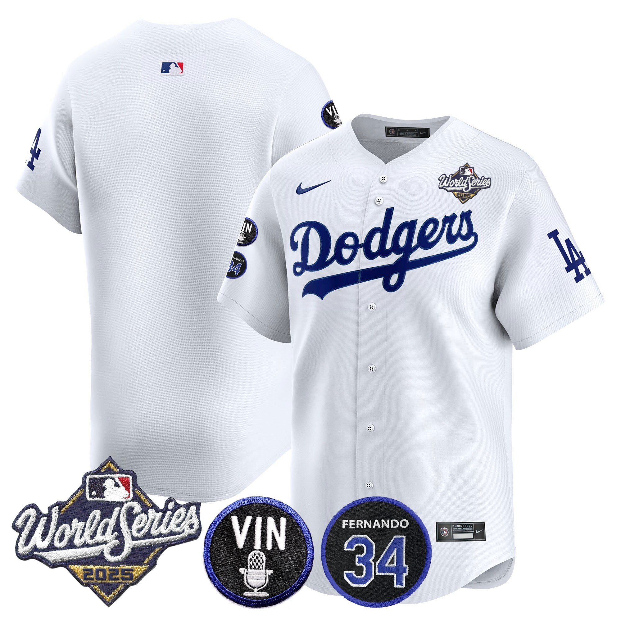 Men's Dodgers 2025 World Series Vapor Premier Limited Jersey - Vin Scully & Fernando Patch - All Stitched