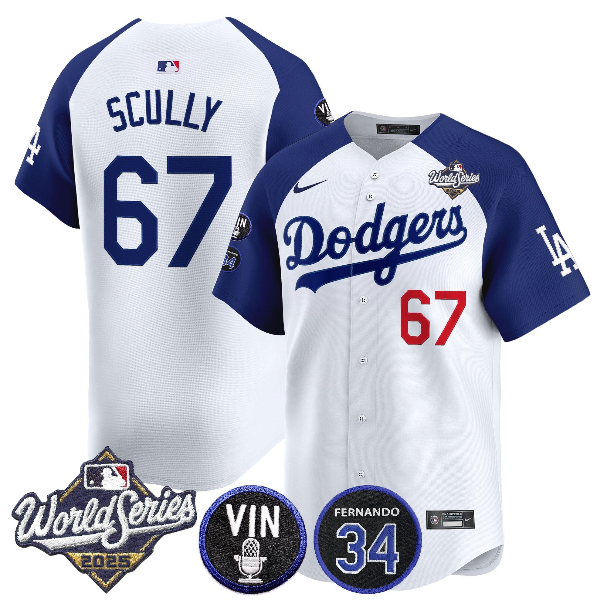 Men's Dodgers 2025 World Series Vapor Premier Limited Jersey - Vin Scully & Fernando Patch - All Stitched