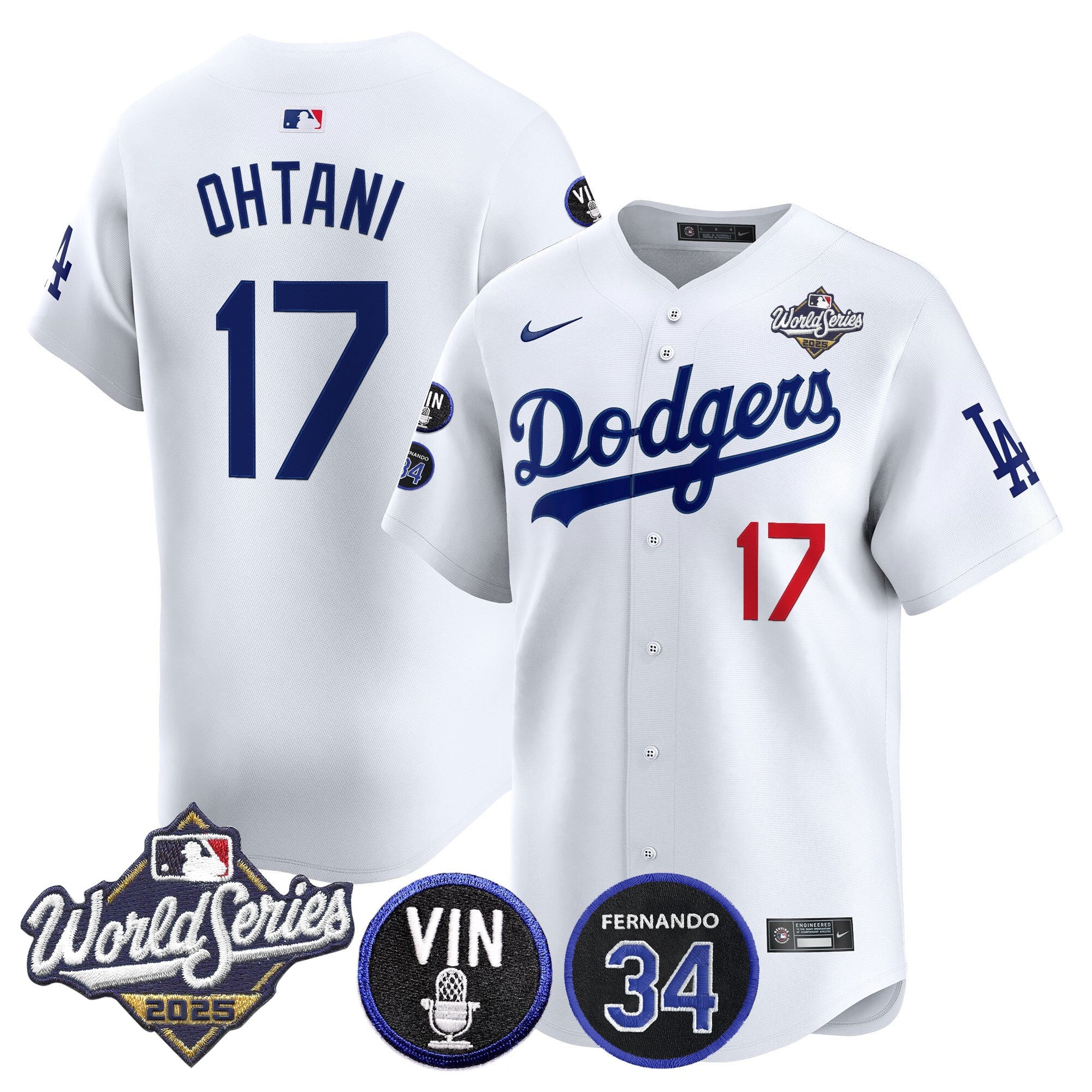 Men's Dodgers 2025 World Series Vapor Premier Limited Jersey - Vin Scully & Fernando Patch - All Stitched
