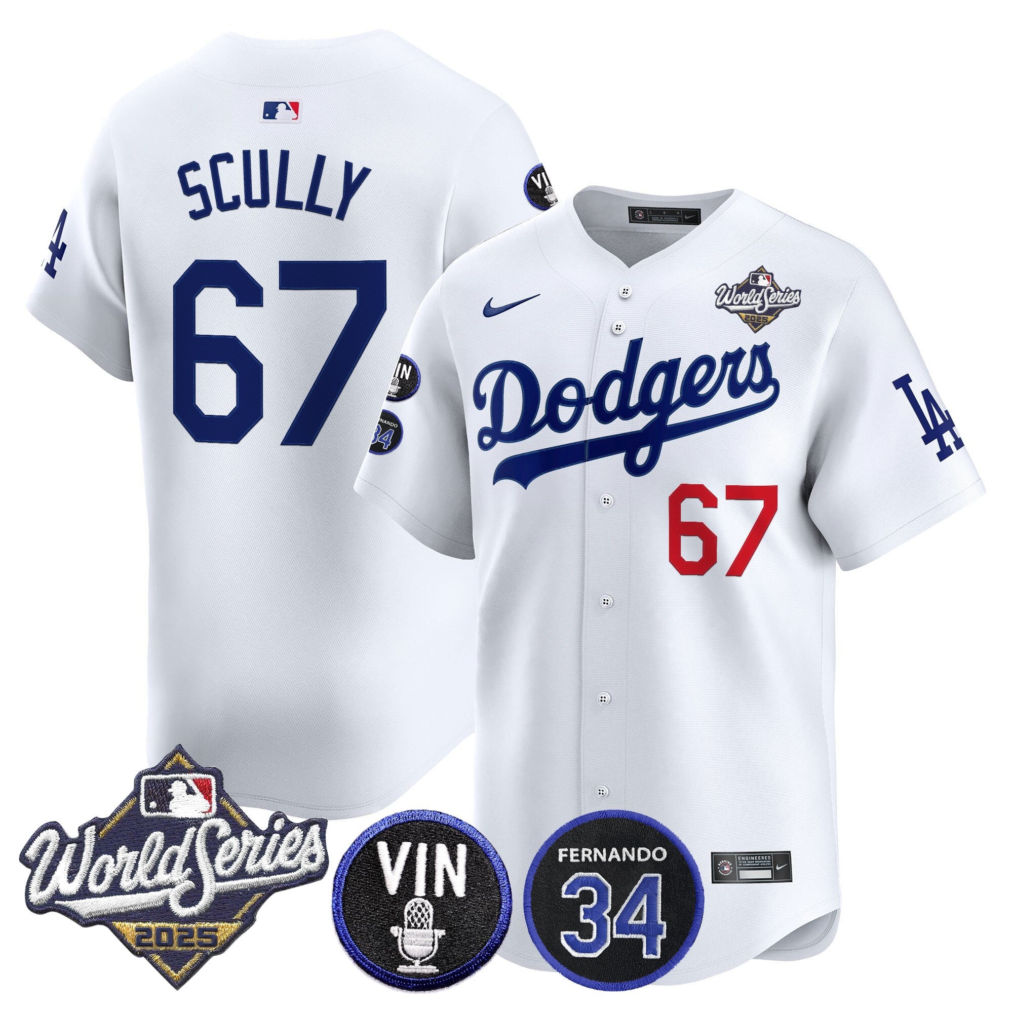 Men's Dodgers 2025 World Series Vapor Premier Limited Jersey - Vin Scully & Fernando Patch - All Stitched