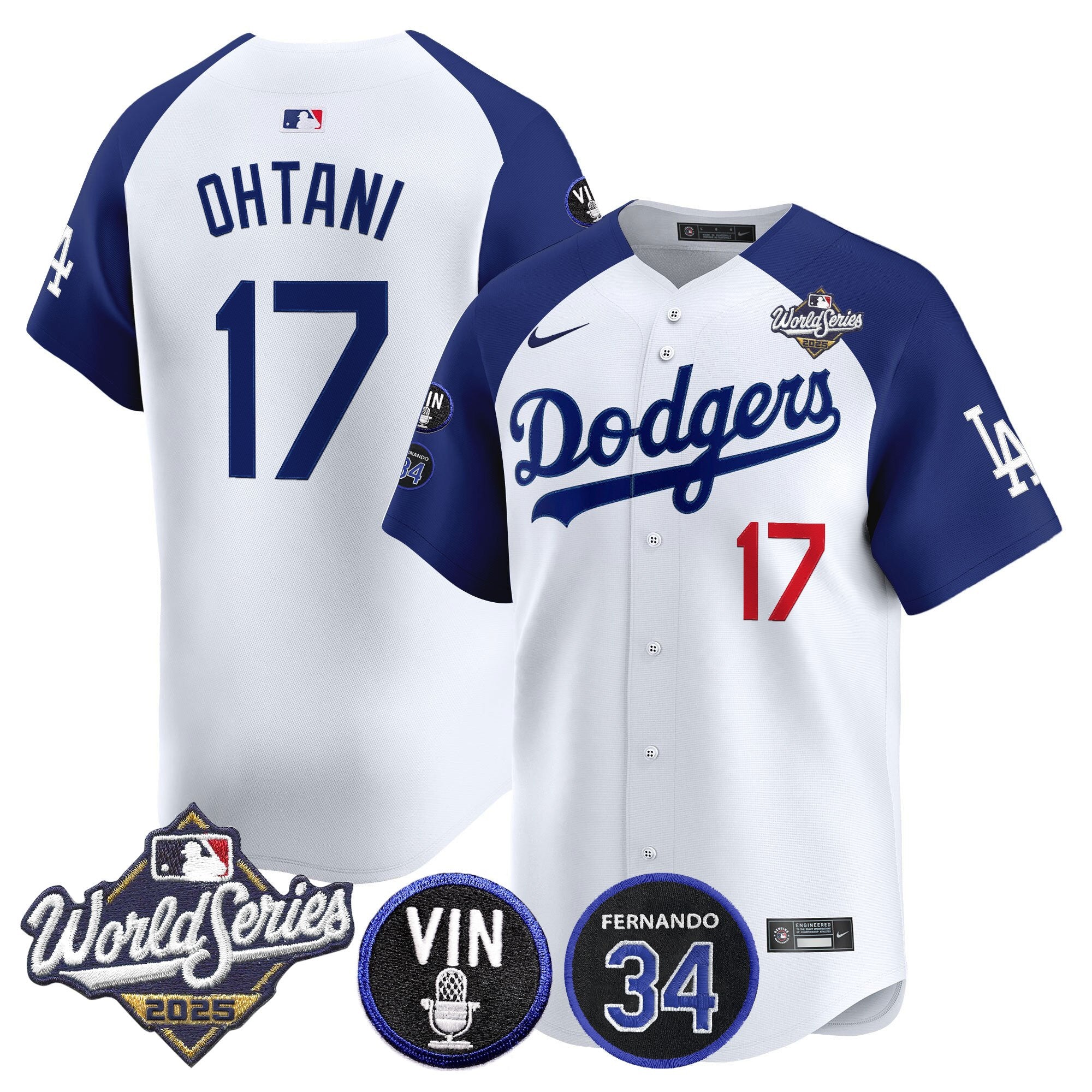 Men's Dodgers 2025 World Series Vapor Premier Limited Jersey - Vin Scully & Fernando Patch - All Stitched