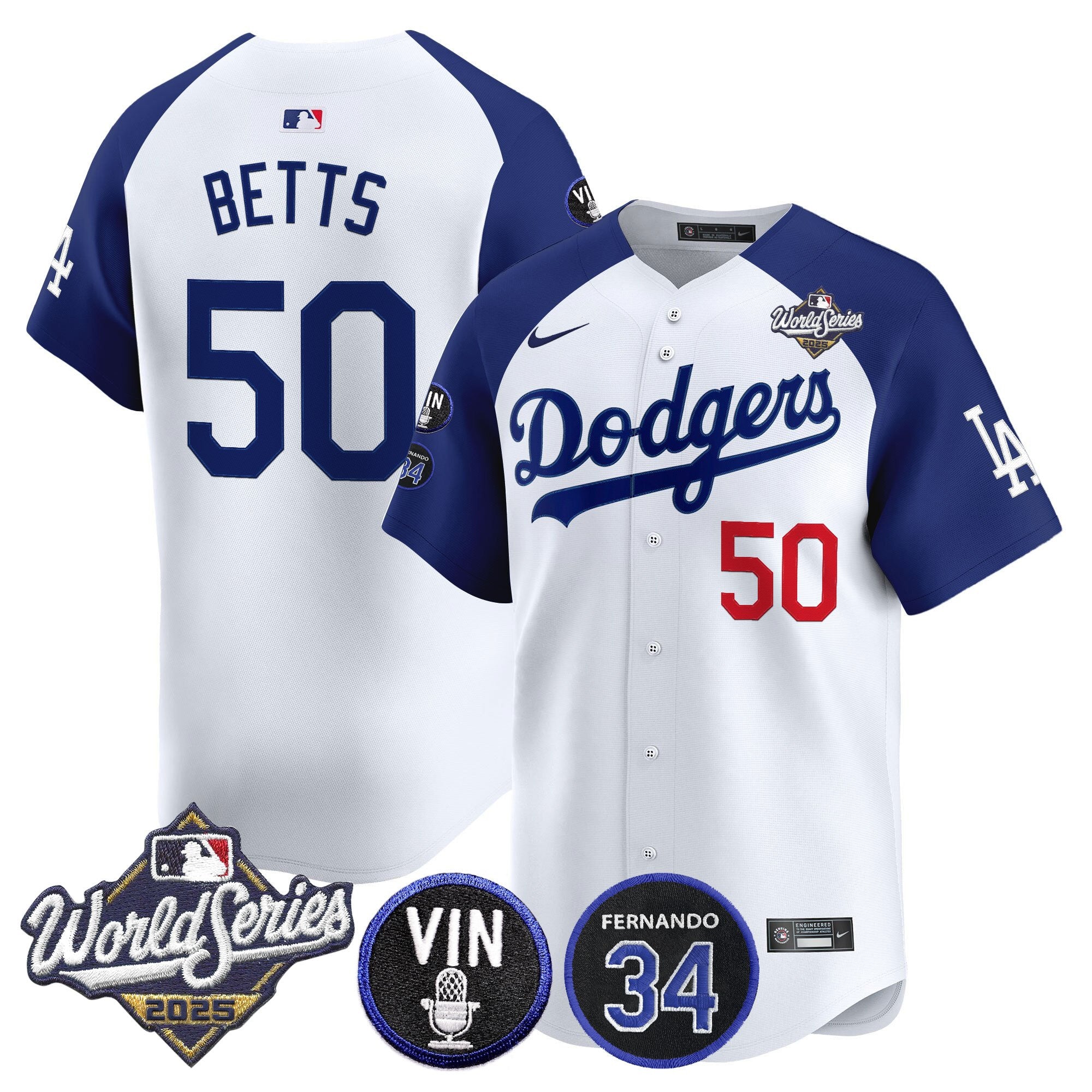 Men's Dodgers 2025 World Series Vapor Premier Limited Jersey - Vin Scully & Fernando Patch - All Stitched